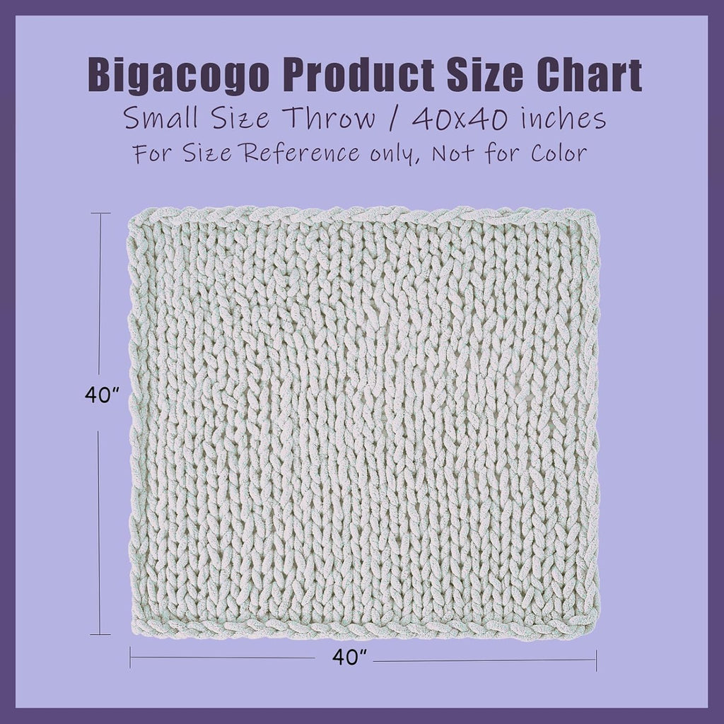 Bigacogo Chunky Knit Throw Blanket for Couch, 40x40 inches, 100% Hand Knitted with Thick Jumbo Chenille Yarn, Cozy Soft Large Rope Knot Cable Crochet Blankets for Sofa Bed Living Room, Dusty Blue