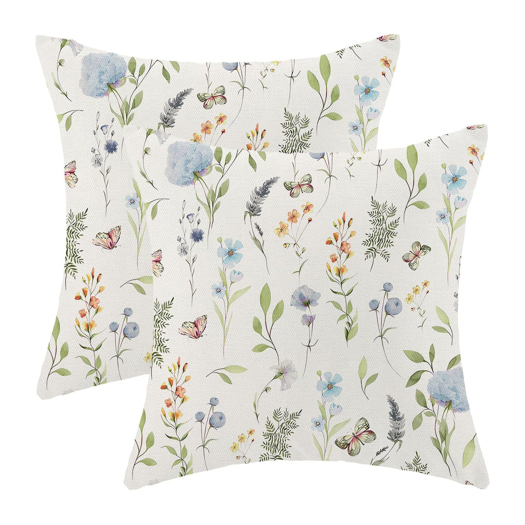 AEIOAE Spring Pillow Covers 18x18 Inch Set of 2,Sage Green Wild Flower Plant Throw Pillows Case,Seasonal Floral Outdoor Decorative Square Linen Farmhouse Decor Cushion Covers for Home Sofa Bed Couch