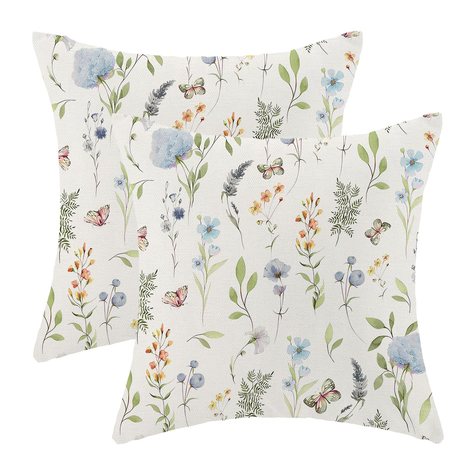 AEIOAE Spring Pillow Covers 18x18 Inch Set of 2,Sage Green Wild Flower Plant Throw Pillows Case,Seasonal Floral Outdoor Decorative Square Linen Farmhouse Decor Cushion Covers for Home Sofa Bed Couch