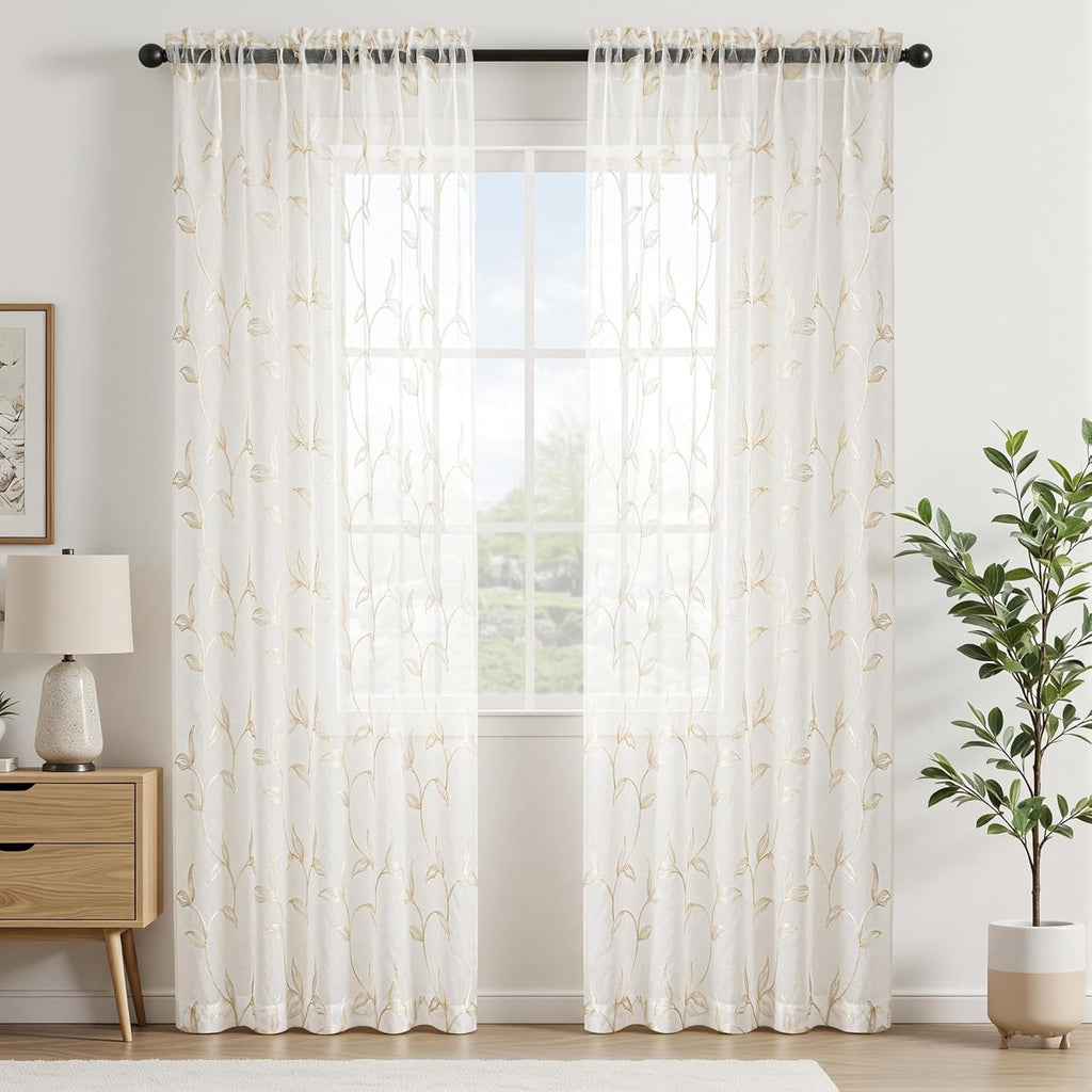 VISIONTEX 2 Panels Sheer Curtains 84 Inches Long, Cream Beige Floral Leaf Embroidered Semi Sheer Voile Curtains, Rod Pocket Light Filtering Window Drapes for Bedroom Living Room 54W x 84L