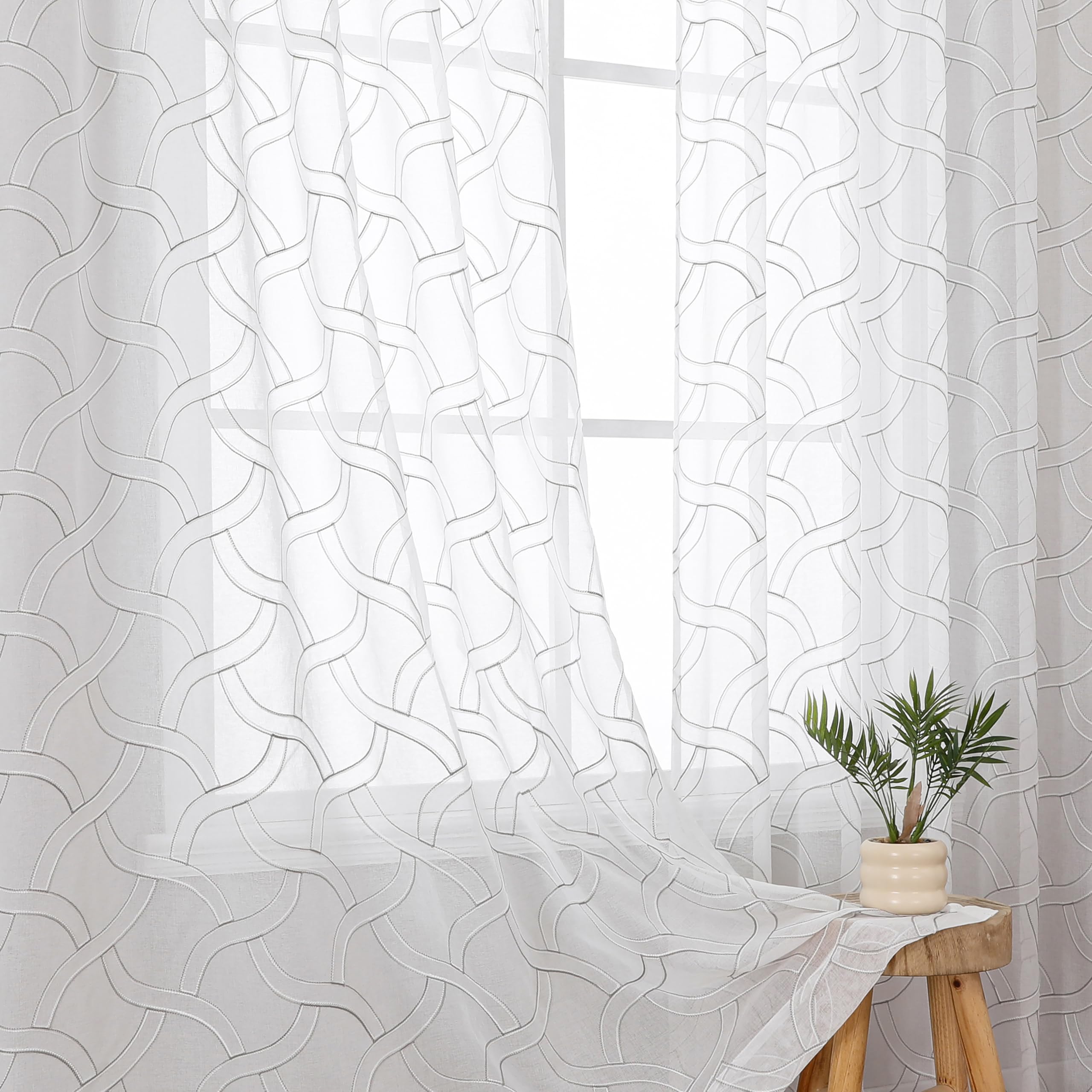 VISIONTEX White Sheer Curtains 84 Inches Long 2 Panels, Light Filtering Grey Moroccan Trellis Embroidered Semi Sheer Voile Drapes, Rod Pocket Textured Window Curtain for Bedroom Living Room 54W x 84L