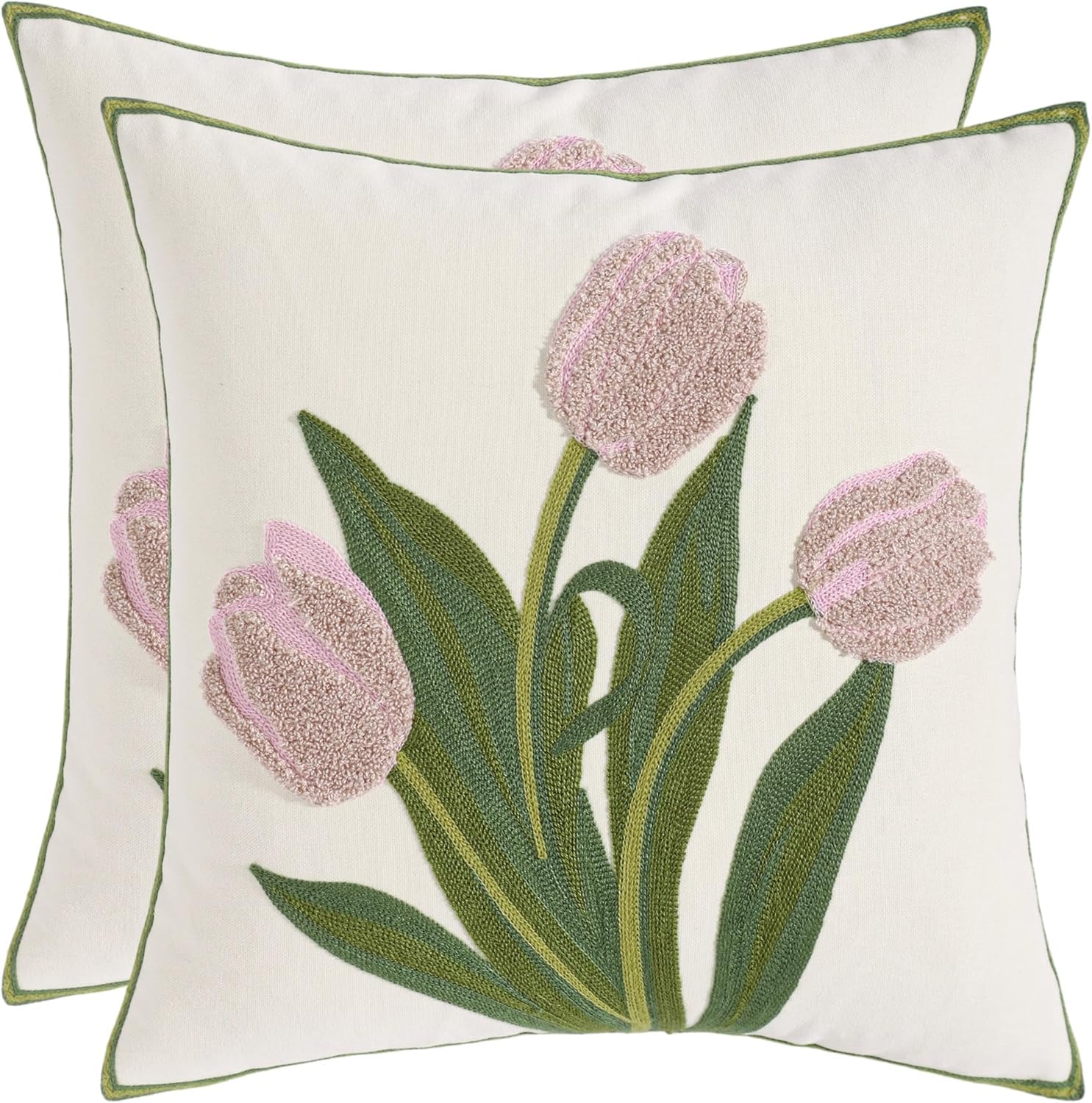 Pack of 2 18x18 Inch Embroidered Pink Tulip Green Leaves Tufted Throw Pillow Covers Square Floral Farmhouse Decor Cushion Cases