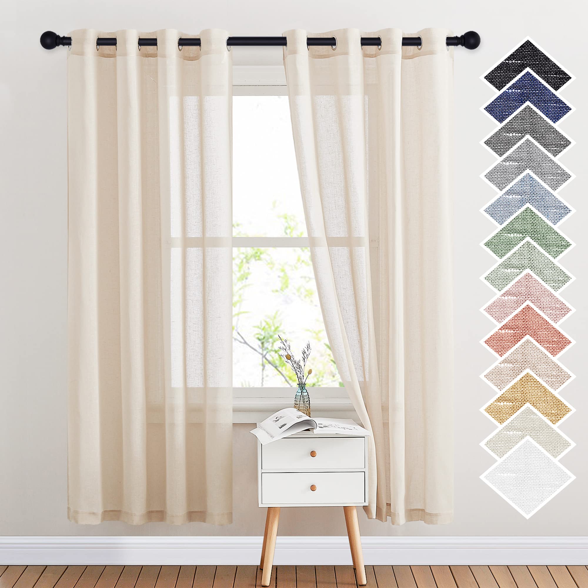 NICETOWN Linen Textured Semi Sheer Curtains 84 inches Length, Eyelet Top Bedroom Window Privacy Translucent Light Filtering Flax Sheer Drapes for Guest Room, 52 inches Wide, 2 Panels, Sea Mist