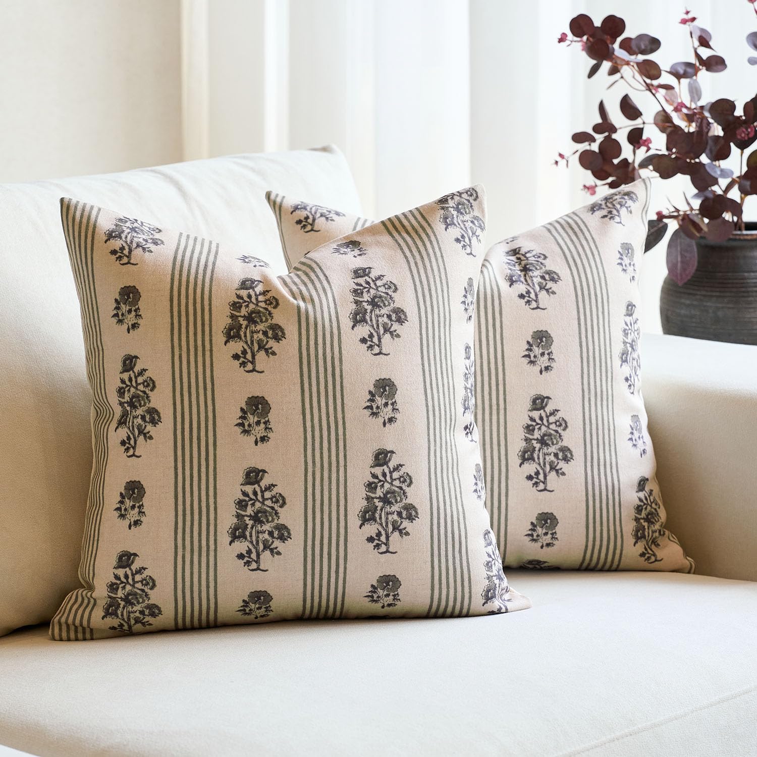 Amor Virisso Farmhouse Floral Throw Pillow Covers 18x18 Set of 2 Block Print Pillow Covers Neutral Boho Floral Striped Decorative Pillow Covers for Sofa Couch Bed, Brown