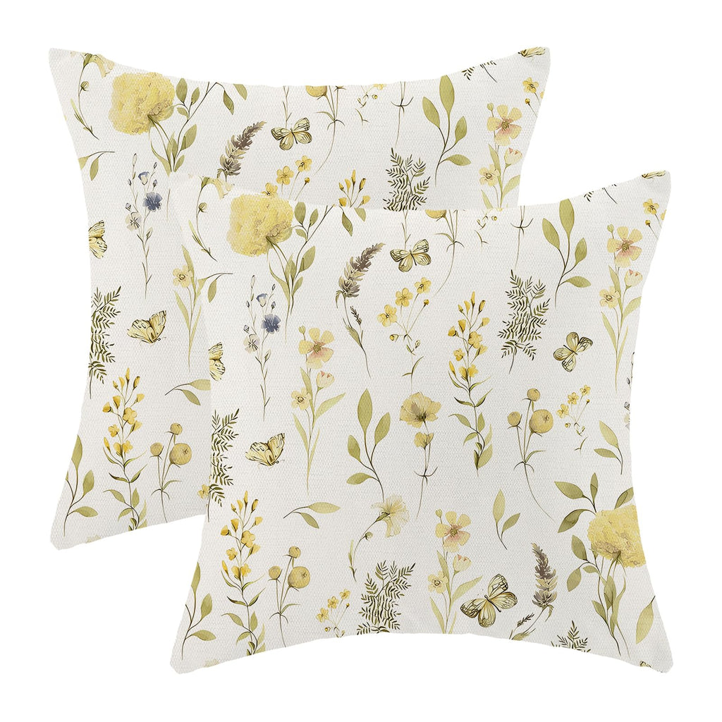 AEIOAE Spring Pillow Covers 18x18 Inch Set of 2,Sage Green Wild Flower Plant Throw Pillows Case,Seasonal Floral Outdoor Decorative Square Linen Farmhouse Decor Cushion Covers for Home Sofa Bed Couch