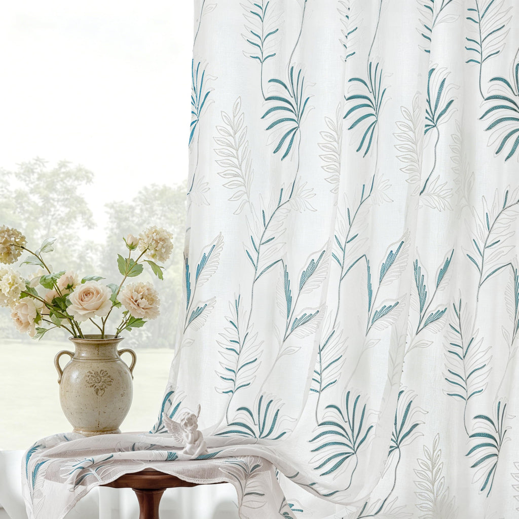 VISIONTEX 2 Panels Sheer Curtains 84 Inches Long, Cream Beige Floral Leaf Embroidered Semi Sheer Voile Curtains, Rod Pocket Light Filtering Window Drapes for Bedroom Living Room 54W x 84L
