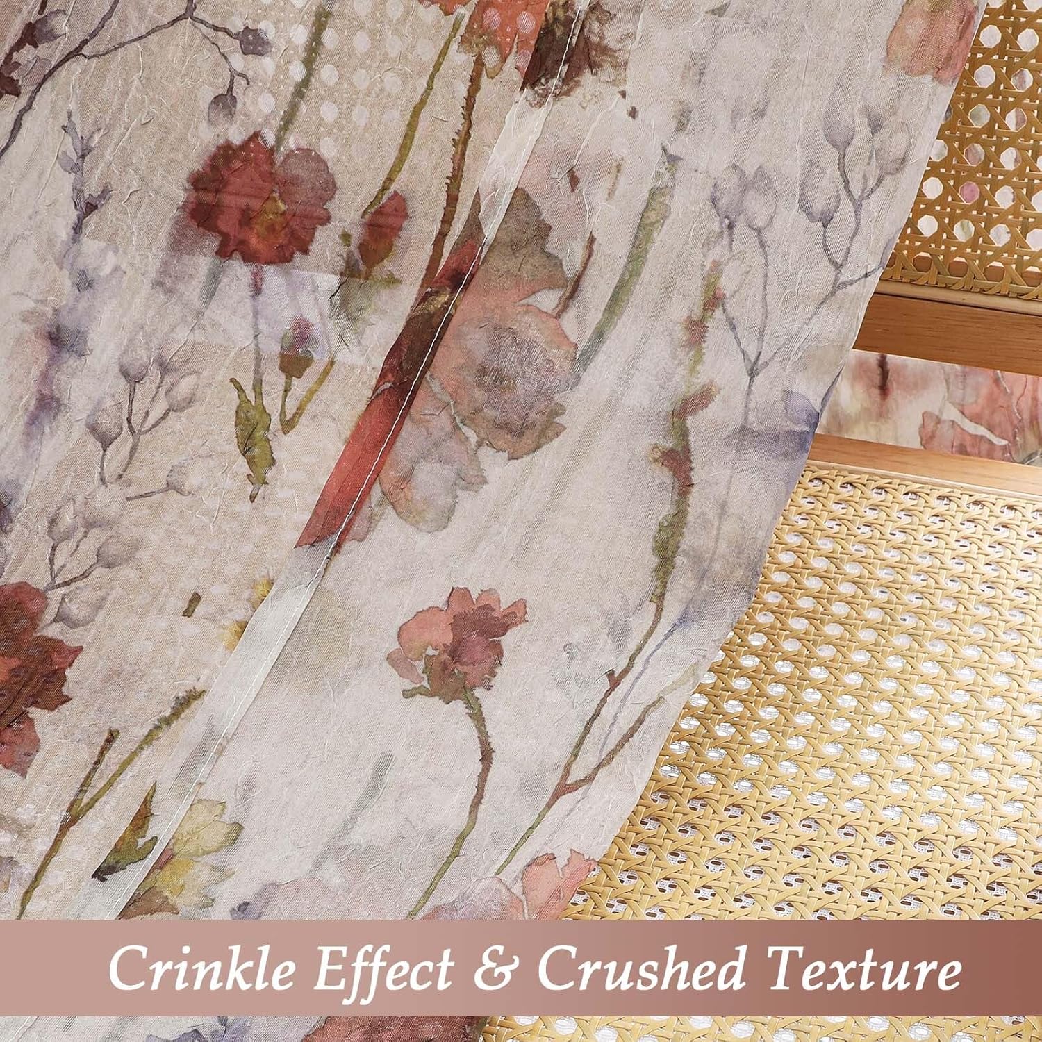 Lecloud Crushed Sheer Curtains 84 Inches Long 2 Panels, Airy Light Filtering Voile Floral Curtains for Living Room, Rod Pocket Romantic Window Curtain Drapes for Bedroom Dining Room, 42" W x 84" L