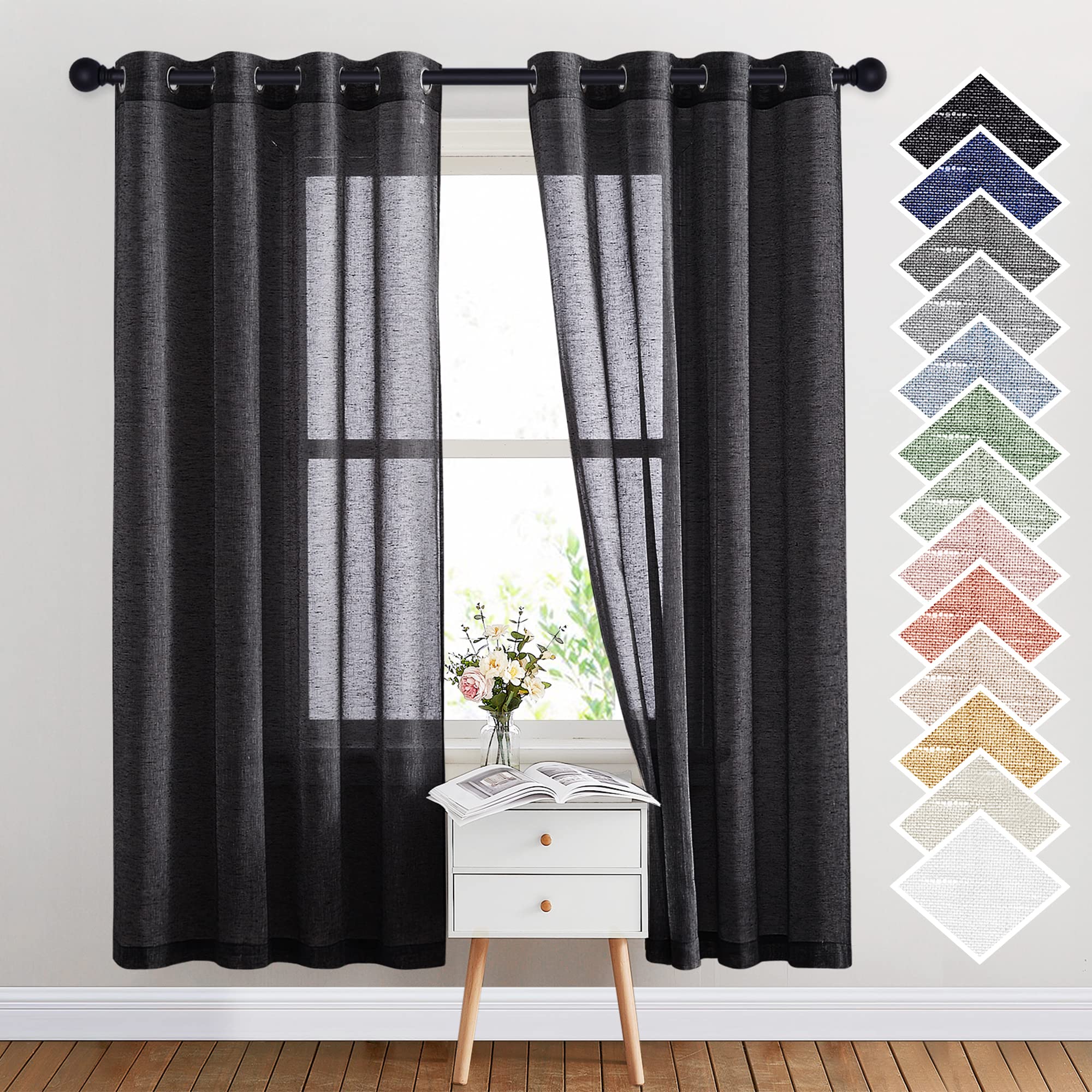 NICETOWN Linen Textured Semi Sheer Curtains 84 inches Length, Eyelet Top Bedroom Window Privacy Translucent Light Filtering Flax Sheer Drapes for Guest Room, 52 inches Wide, 2 Panels, Sea Mist