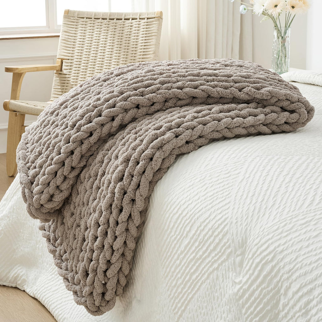 Bigacogo Chunky Knit Throw Blanket for Couch, 40x40 inches, 100% Hand Knitted with Thick Jumbo Chenille Yarn, Cozy Soft Large Rope Knot Cable Crochet Blankets for Sofa Bed Living Room, Dusty Blue