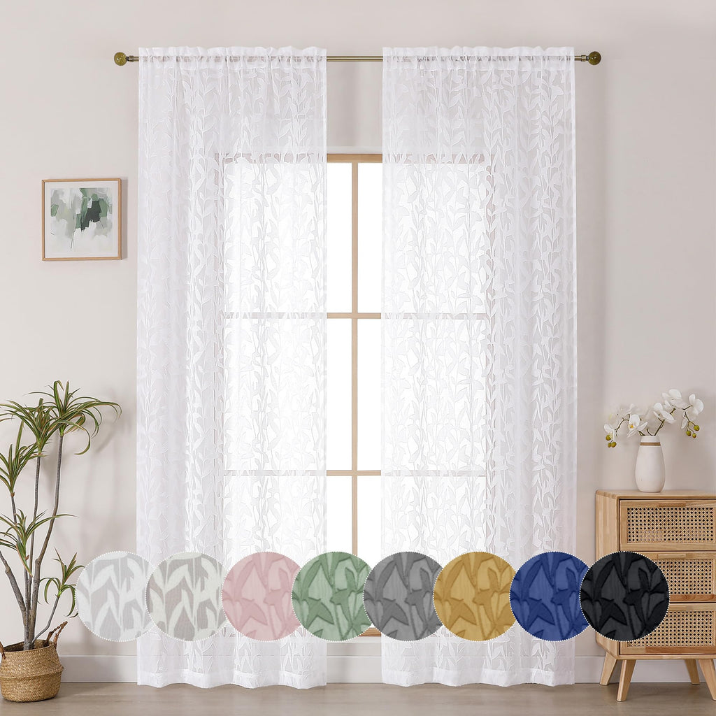 OWENIE Leyna 2 Panels Sage Green Sheer Curtains 63 Inch Length for Bedroom, Soft Lightweight Jacquard Clip Window Curtain for Living Room, Double Rod Pockets Textured Drapes, Each 40Wx63L Inches