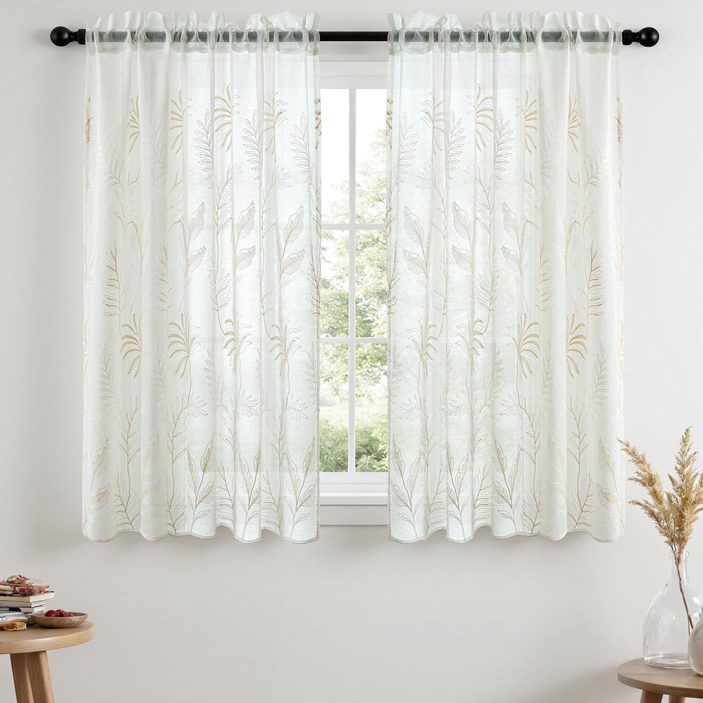 VISIONTEX 2 Panels Sheer Curtains 84 Inches Long, Cream Beige Floral Leaf Embroidered Semi Sheer Voile Curtains, Rod Pocket Light Filtering Window Drapes for Bedroom Living Room 54W x 84L
