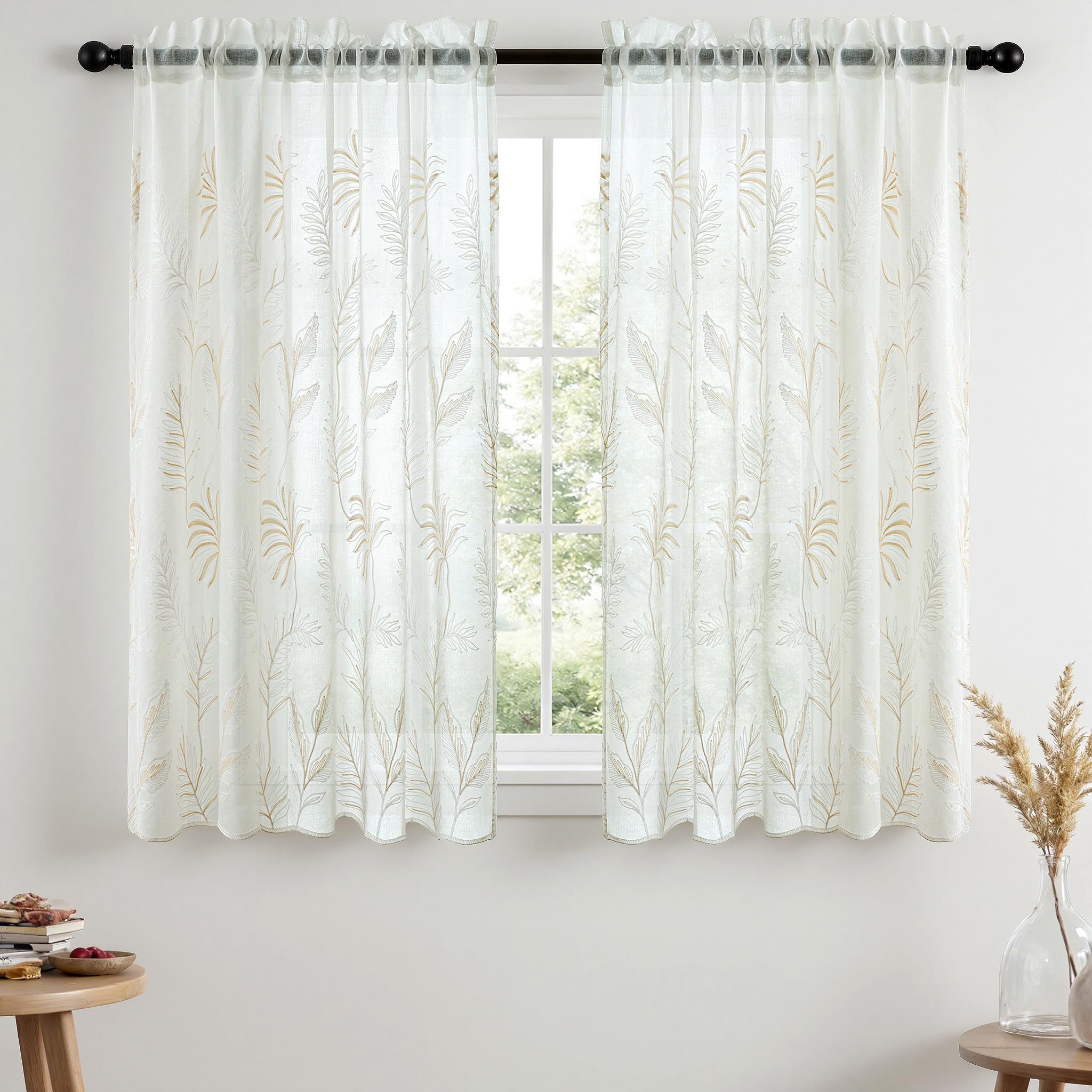 VISIONTEX 2 Panels Sheer Curtains 84 Inches Long, Cream Beige Floral Leaf Embroidered Semi Sheer Voile Curtains, Rod Pocket Light Filtering Window Drapes for Bedroom Living Room 54W x 84L