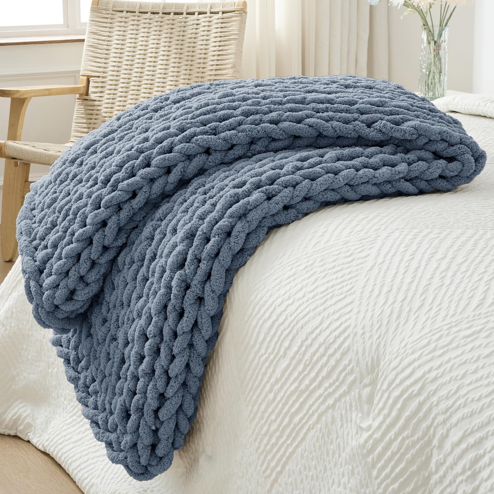 Bigacogo Chunky Knit Throw Blanket for Couch, 40x40 inches, 100% Hand Knitted with Thick Jumbo Chenille Yarn, Cozy Soft Large Rope Knot Cable Crochet Blankets for Sofa Bed Living Room, Dusty Blue