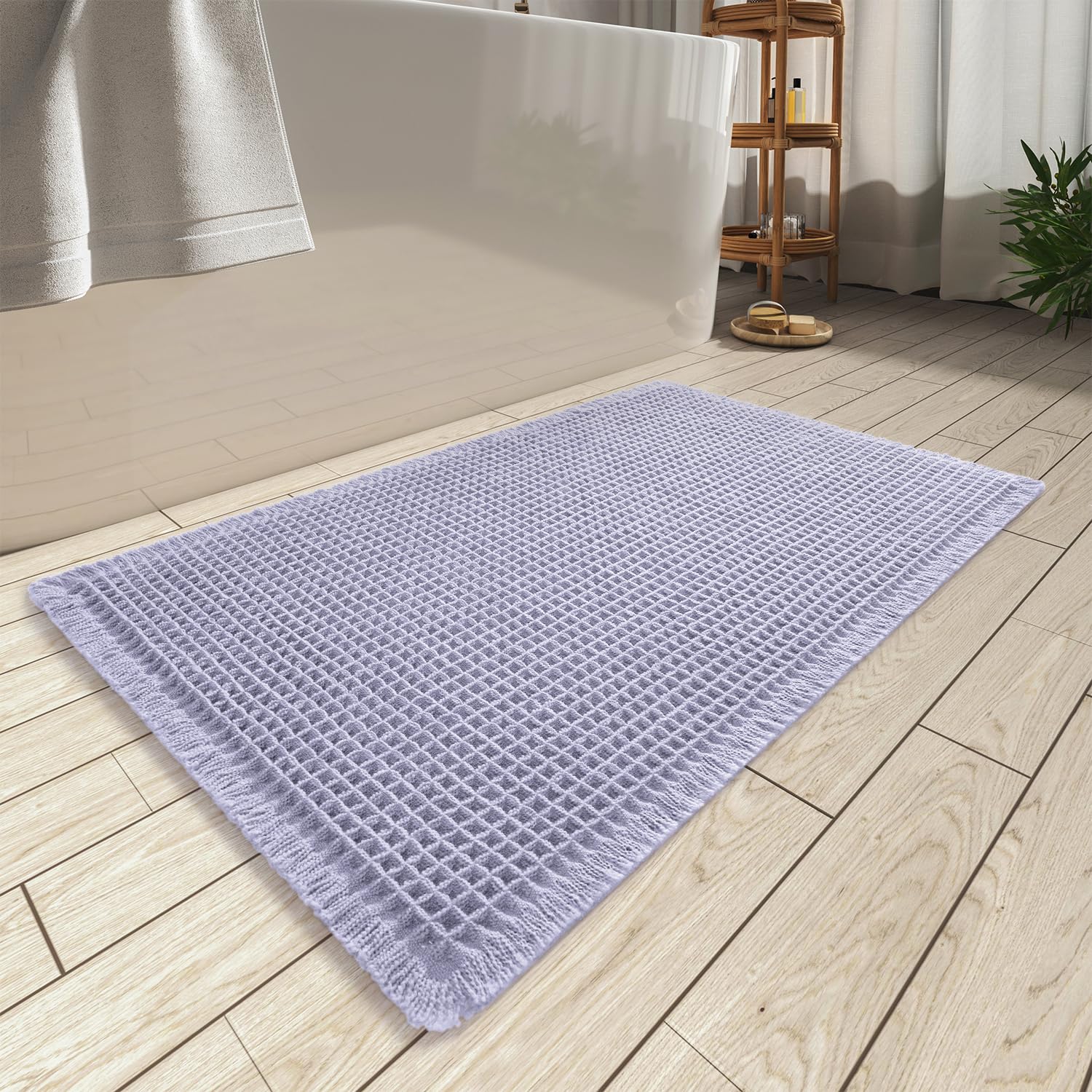 AMOAMI Upgraded Waffle Bath Mat, Super Absorbent Non Slip Bath Mats for Bathroom Floor, Machine Washable Bathroom Rugs with Tassels, Rubber Backed Bathroom Mats, Ultra Soft, 17" x 24", Brown