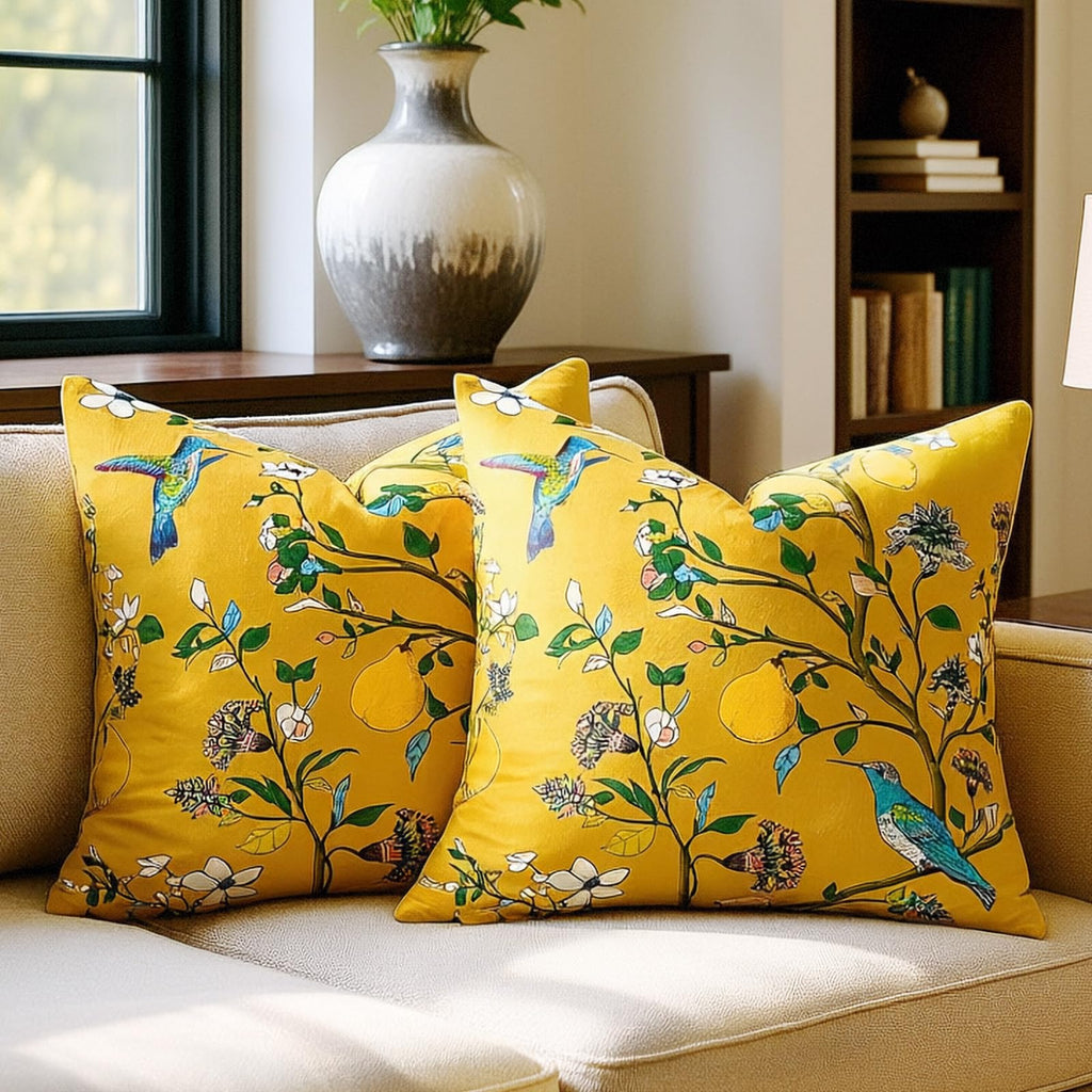 Mustard Yellow Floral Pillow Covers 18x18 Set of 2, Velvet Wild Flower Plant Throw Pillows Case, Square Farmhouse Decor Cushion Covers for Home Sofa Bed Couch