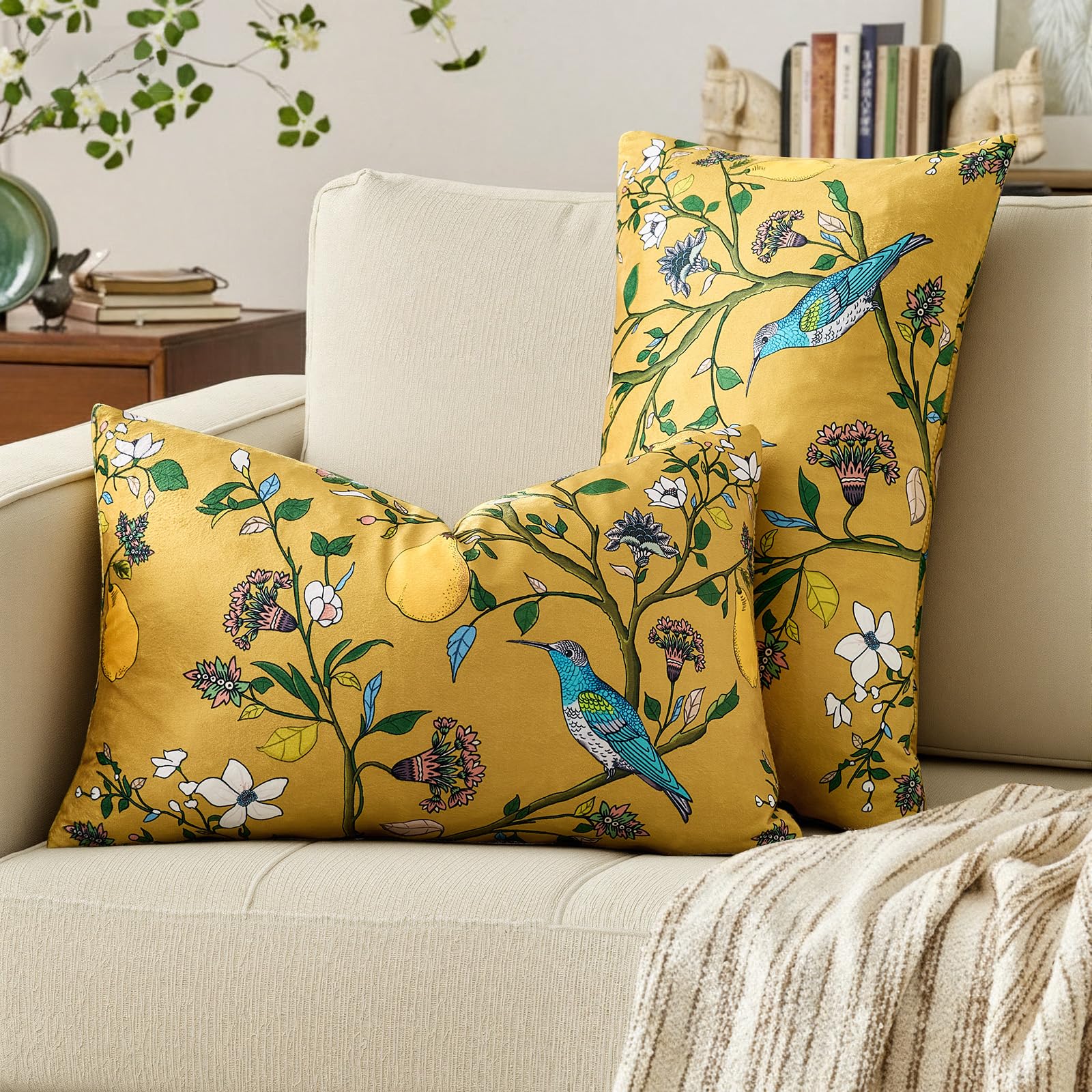 Mustard Yellow Floral Pillow Covers 18x18 Set of 2, Velvet Wild Flower Plant Throw Pillows Case, Square Farmhouse Decor Cushion Covers for Home Sofa Bed Couch
