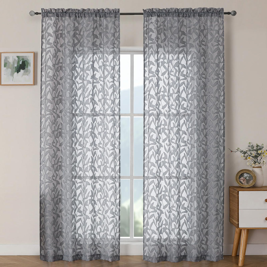 OWENIE Leyna 2 Panels Sage Green Sheer Curtains 63 Inch Length for Bedroom, Soft Lightweight Jacquard Clip Window Curtain for Living Room, Double Rod Pockets Textured Drapes, Each 40Wx63L Inches