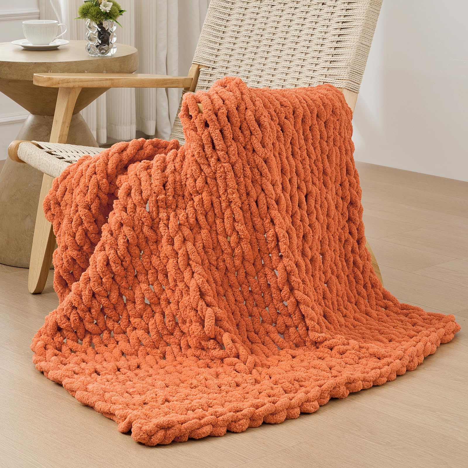 Bigacogo Chunky Knit Throw Blanket for Couch, 40x40 inches, 100% Hand Knitted with Thick Jumbo Chenille Yarn, Cozy Soft Large Rope Knot Cable Crochet Blankets for Sofa Bed Living Room, Dusty Blue