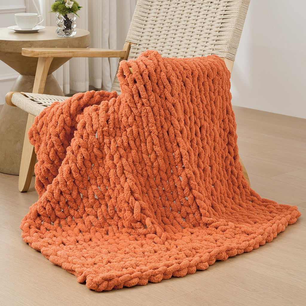 Bigacogo Chunky Knit Throw Blanket for Couch, 40x60 inches, 100% Hand Knitted with Thick Jumbo Chenille Yarn, Cozy Soft Large Rope Knot Cable Crochet Blankets for Sofa Bed Living Room, Beige