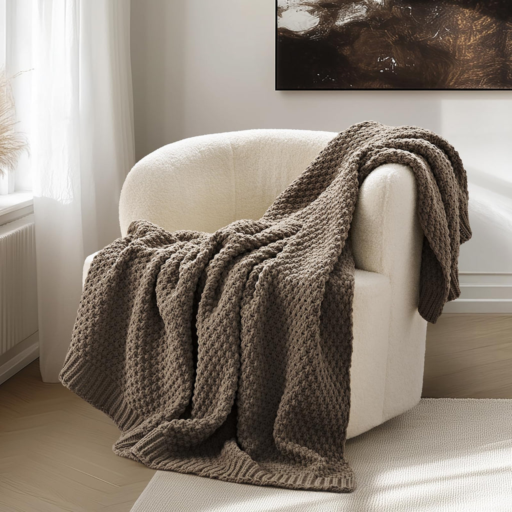 EVERGRACEHOME Chunky Chenille Knit Throw Blanket for Couch, Soft Luxurious Moss Stitch Blankets for Bed, Cozy Decorative Farmhouse Knitted Throws for Sofa, Sand Dune, 60" x 80"