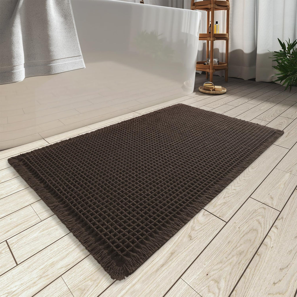 AMOAMI Upgraded Waffle Bath Mat, Super Absorbent Non Slip Bath Mats for Bathroom Floor, Machine Washable Bathroom Rugs with Tassels, Rubber Backed Bathroom Mats, Ultra Soft, 17" x 24", Brown