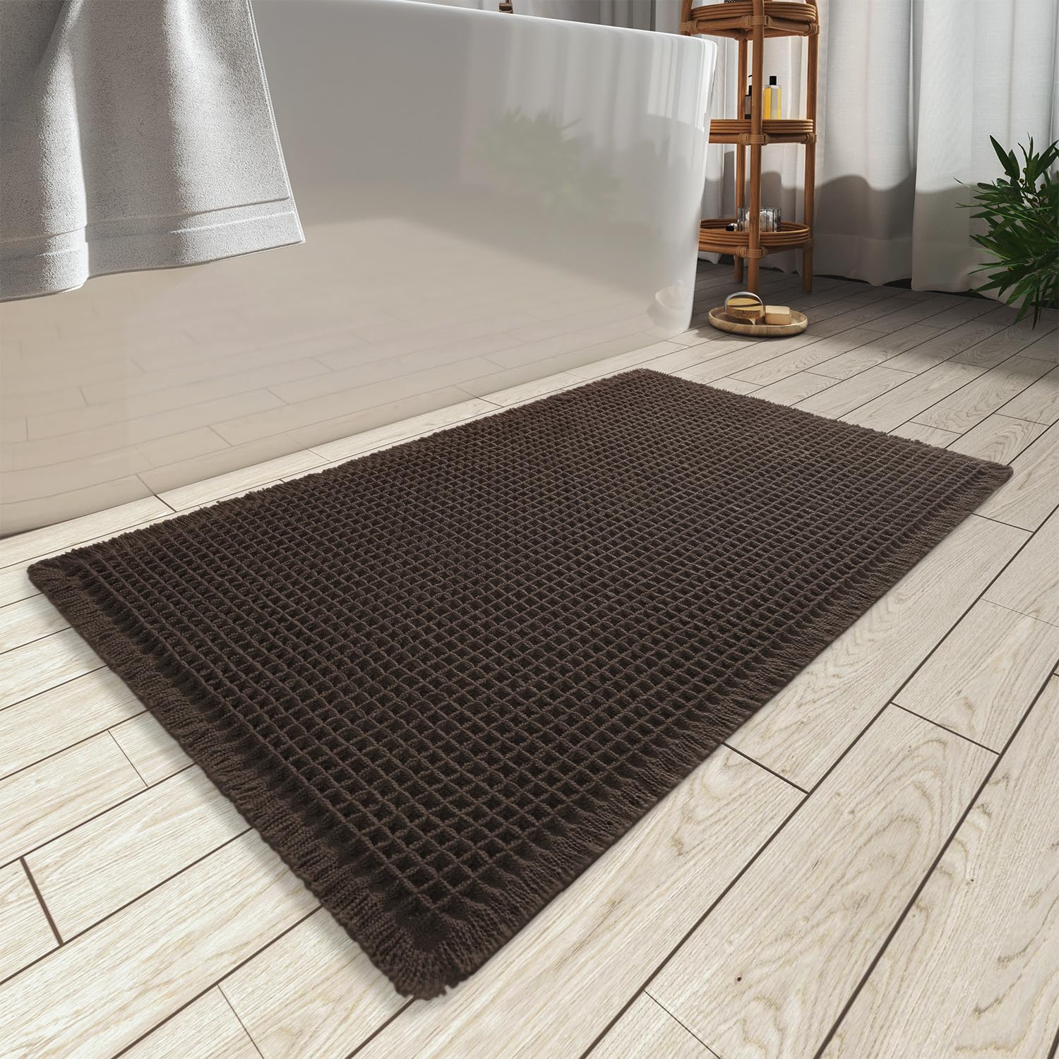 AMOAMI Upgraded Waffle Bath Mat, Super Absorbent Non Slip Bath Mats for Bathroom Floor, Machine Washable Bathroom Rugs with Tassels, Rubber Backed Bathroom Mats, Ultra Soft, 17" x 24", Brown