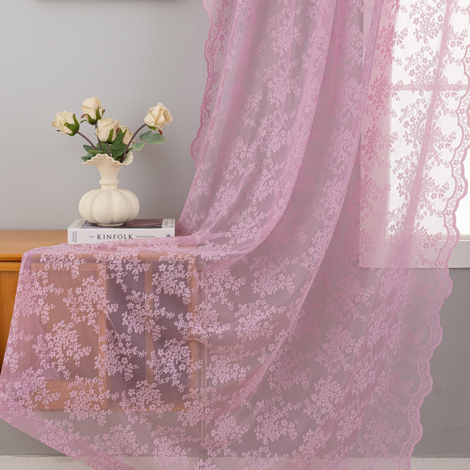 YJ YANJUN Vintage Lace Curtains 84 Inches Long-Victorian Floral Pattern Ivory Sheer Curtain Panels for Living Room Bedroom French Door, Light Filtering Drapes, 2 Panels 52W x 84L Cream