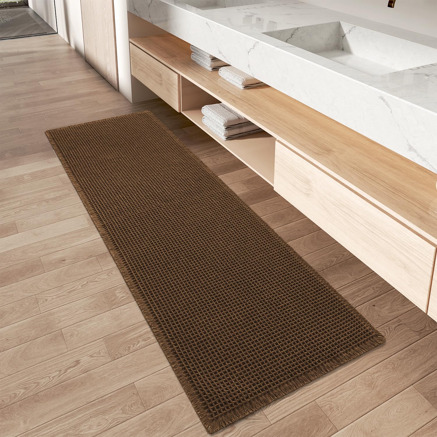 AMOAMI Upgraded Waffle Bath Mat, Super Absorbent Non Slip Bath Mats for Bathroom Floor, Machine Washable Bathroom Rugs with Tassels, Rubber Backed Bathroom Mats, Ultra Soft, 17" x 24", Brown
