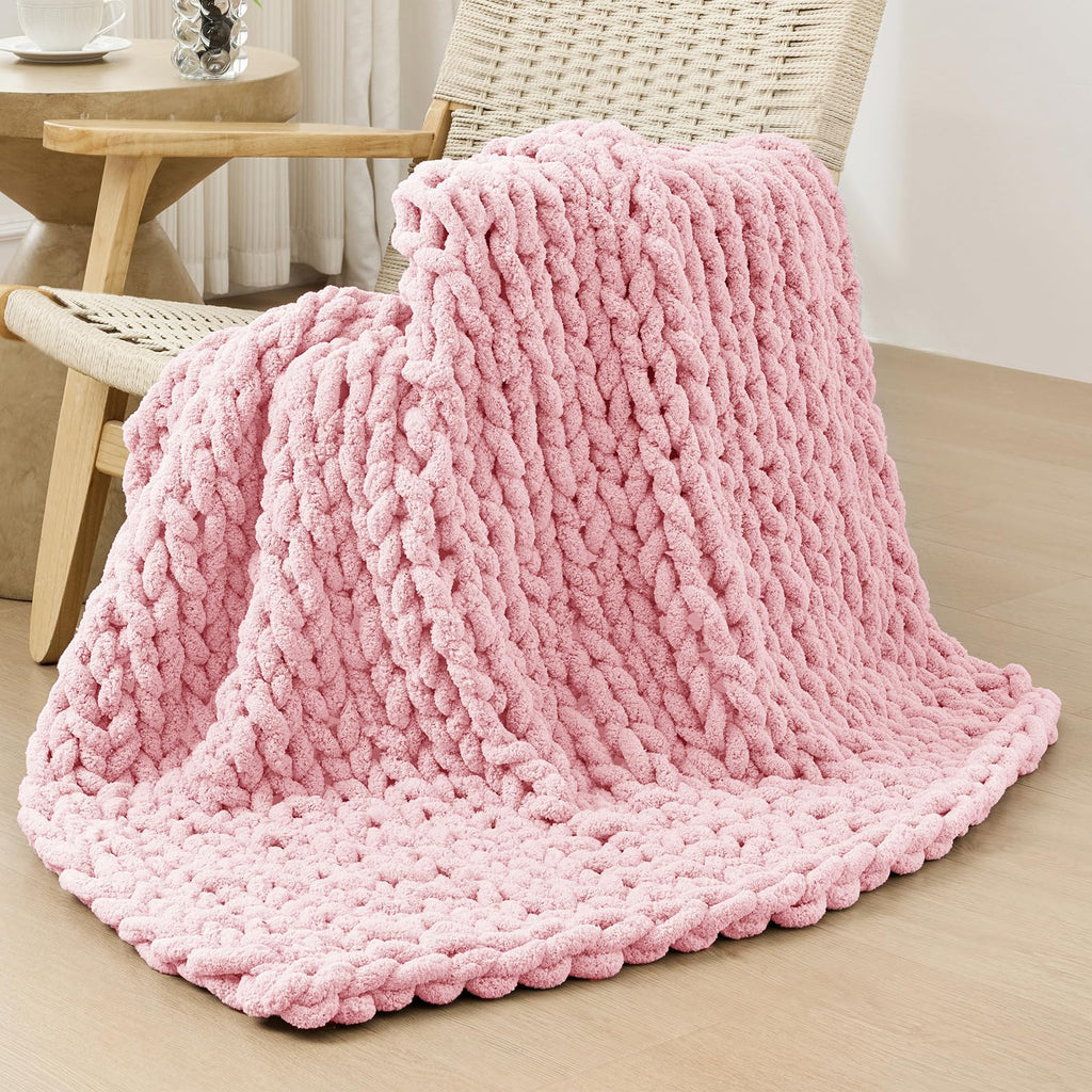 Bigacogo Chunky Knit Throw Blanket for Couch, 40x40 inches, 100% Hand Knitted with Thick Jumbo Chenille Yarn, Cozy Soft Large Rope Knot Cable Crochet Blankets for Sofa Bed Living Room, Dusty Blue