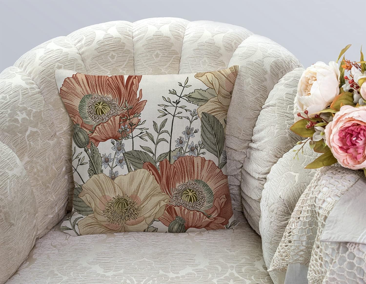 TSSOHU Vintage Flowers Pillow Cover Rustic Cotton Linen Decorative Square Throw Pillow Cover 18x18 Inch for Sofa Couch Decoration