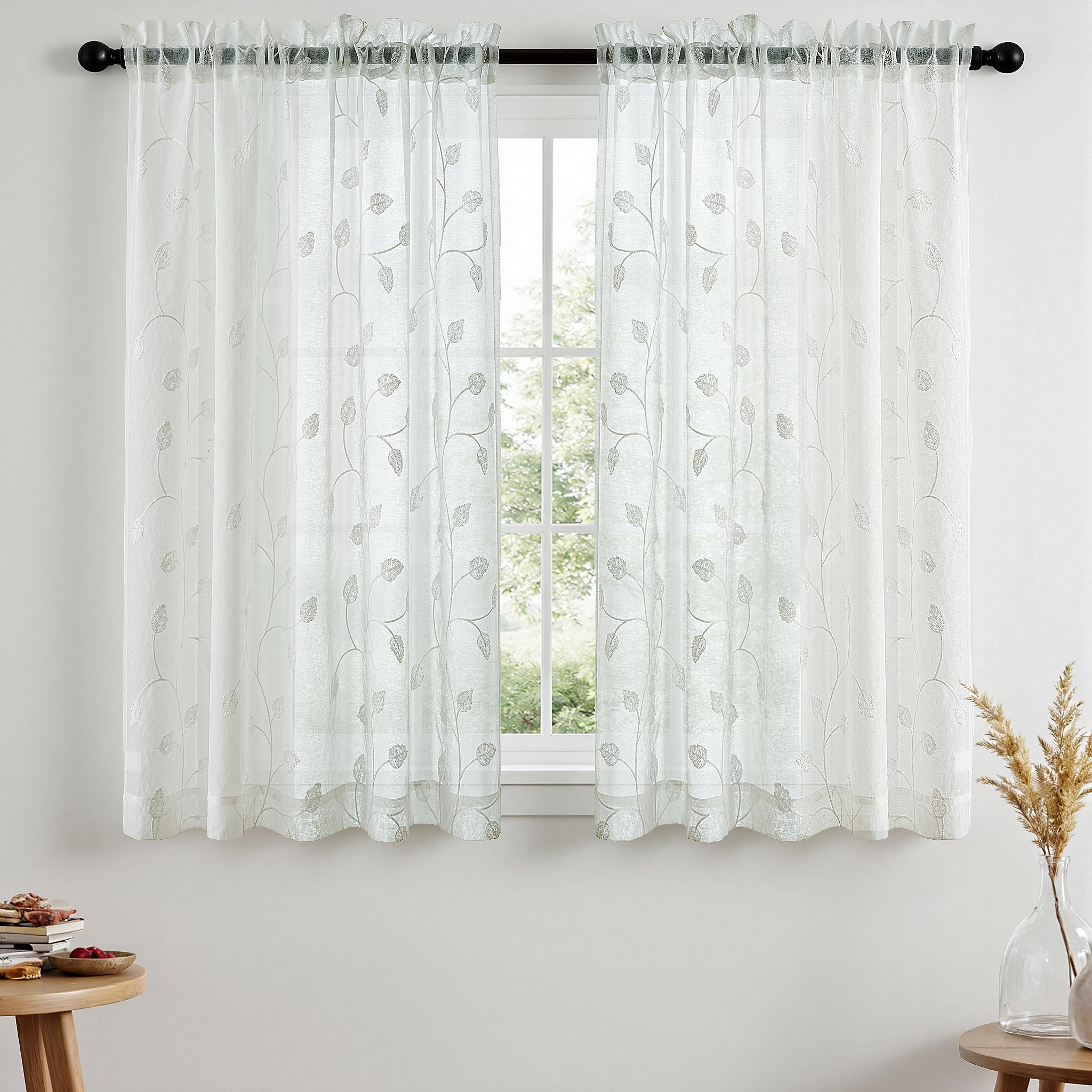 VISIONTEX 2 Panels Sheer Curtains 84 Inches Long, Cream Beige Floral Leaf Embroidered Semi Sheer Voile Curtains, Rod Pocket Light Filtering Window Drapes for Bedroom Living Room 54W x 84L