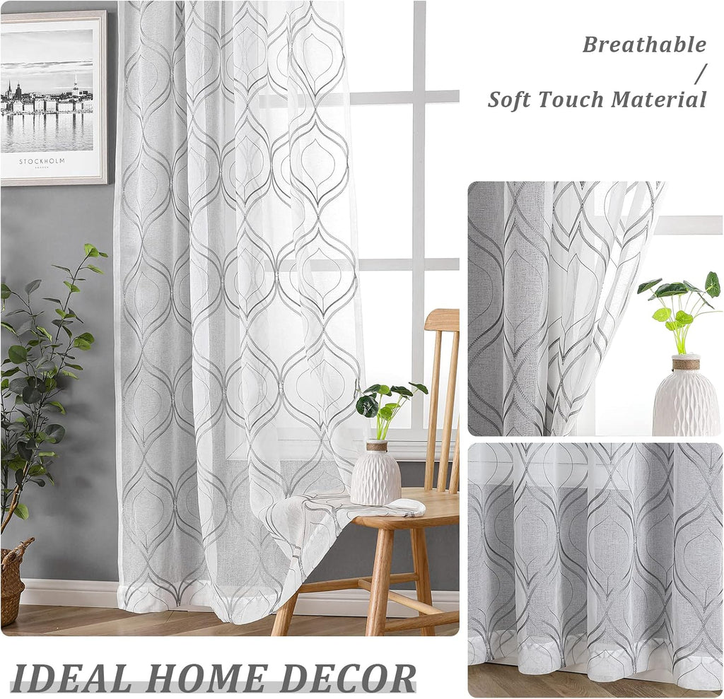 VISIONTEX White Sheer Curtains 84 Inches Long 2 Panels, Light Filtering Grey Moroccan Trellis Embroidered Semi Sheer Voile Drapes, Rod Pocket Textured Window Curtain for Bedroom Living Room 54W x 84L