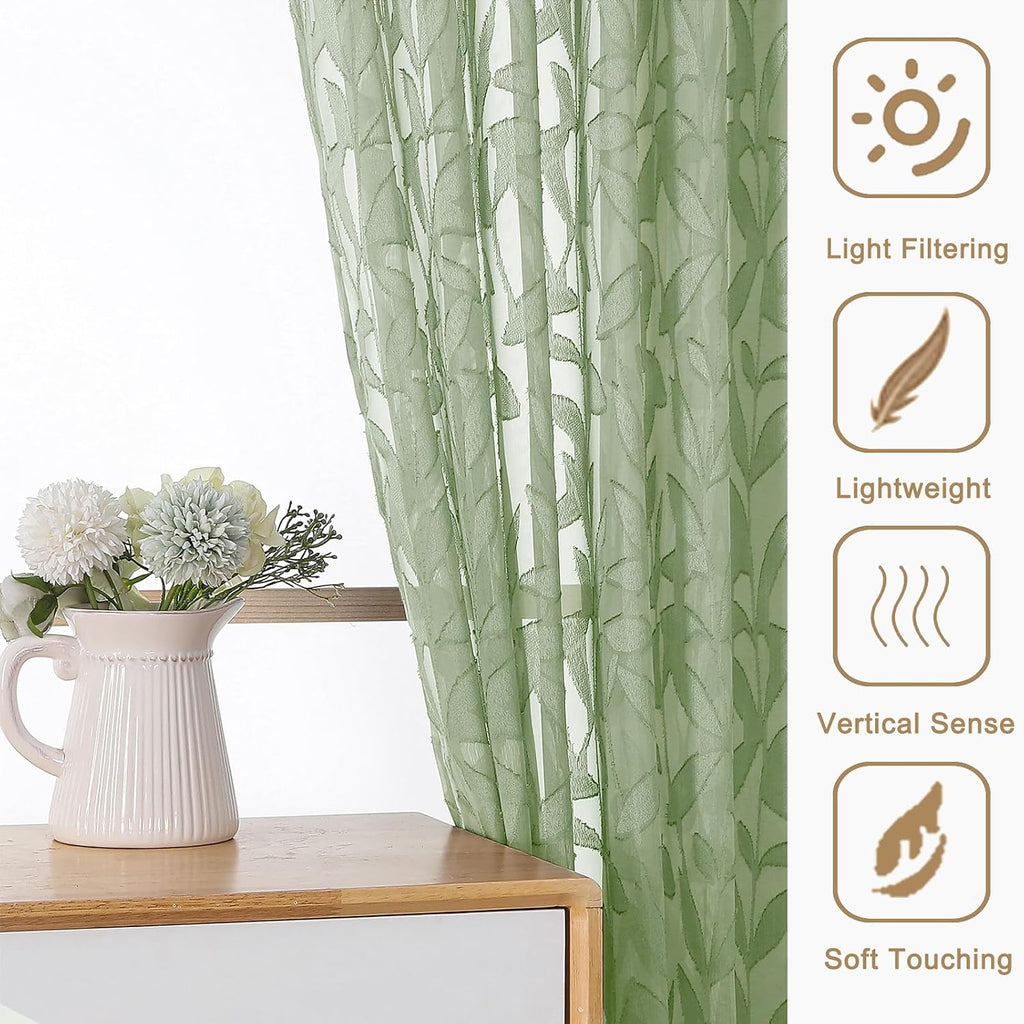 Gwine Sage Green Curtains 84 Inches Long 2 Panels Set, Light Filtering Soft Lightweight Sheer Curtains, Leaf Clip Jacquard Textured Curtain for Bedroom Living Room, 42Wx84L Inches, 2PCS