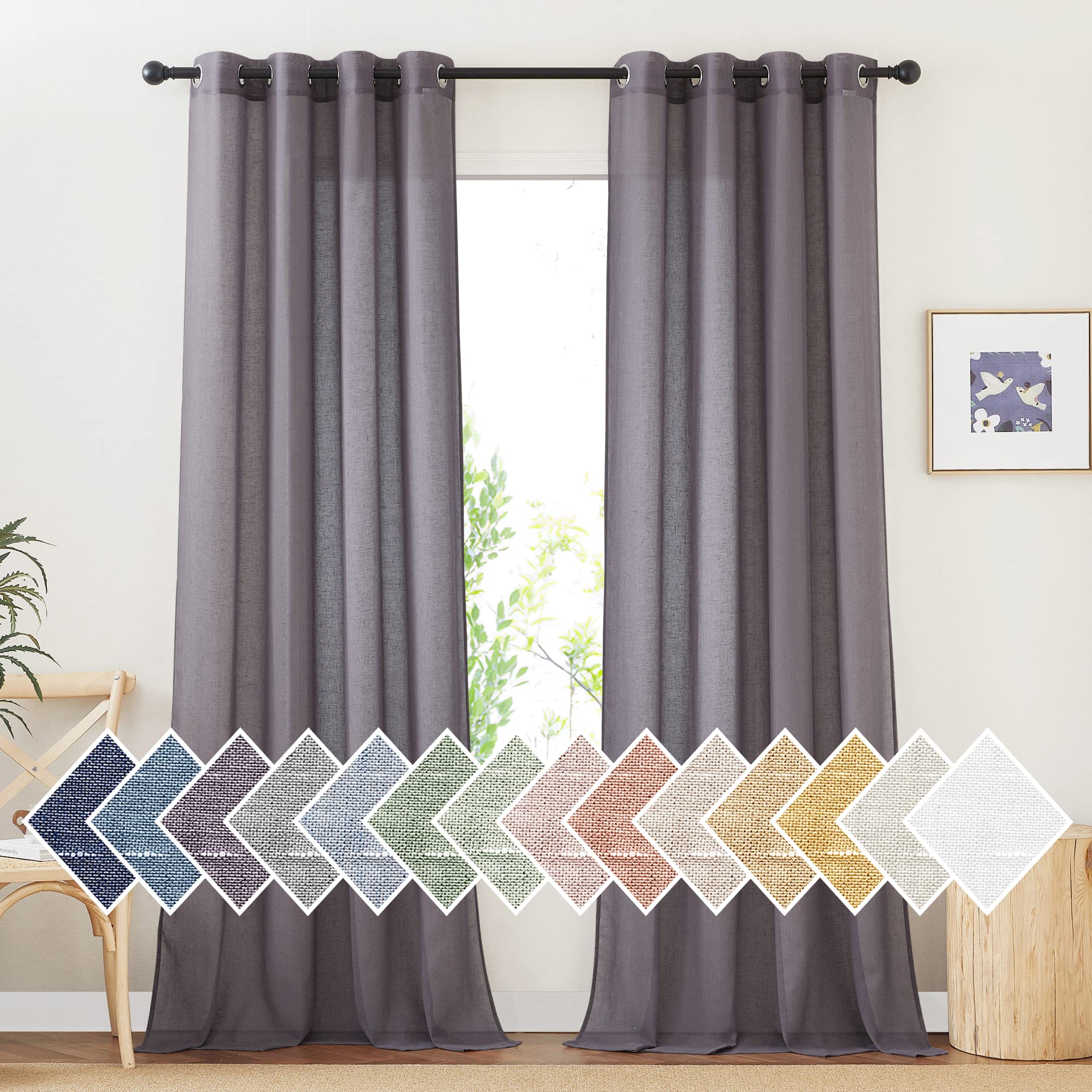 NICETOWN Linen Textured Semi Sheer Curtains 84 inches Length, Eyelet Top Bedroom Window Privacy Translucent Light Filtering Flax Sheer Drapes for Guest Room, 52 inches Wide, 2 Panels, Sea Mist