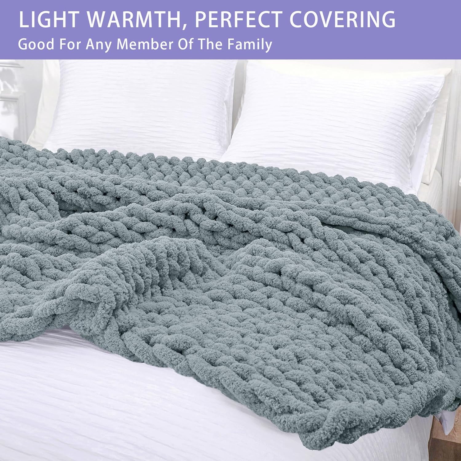 Bigacogo Chunky Knit Throw Blanket for Couch, 40x40 inches, 100% Hand Knitted with Thick Jumbo Chenille Yarn, Cozy Soft Large Rope Knot Cable Crochet Blankets for Sofa Bed Living Room, Dusty Blue