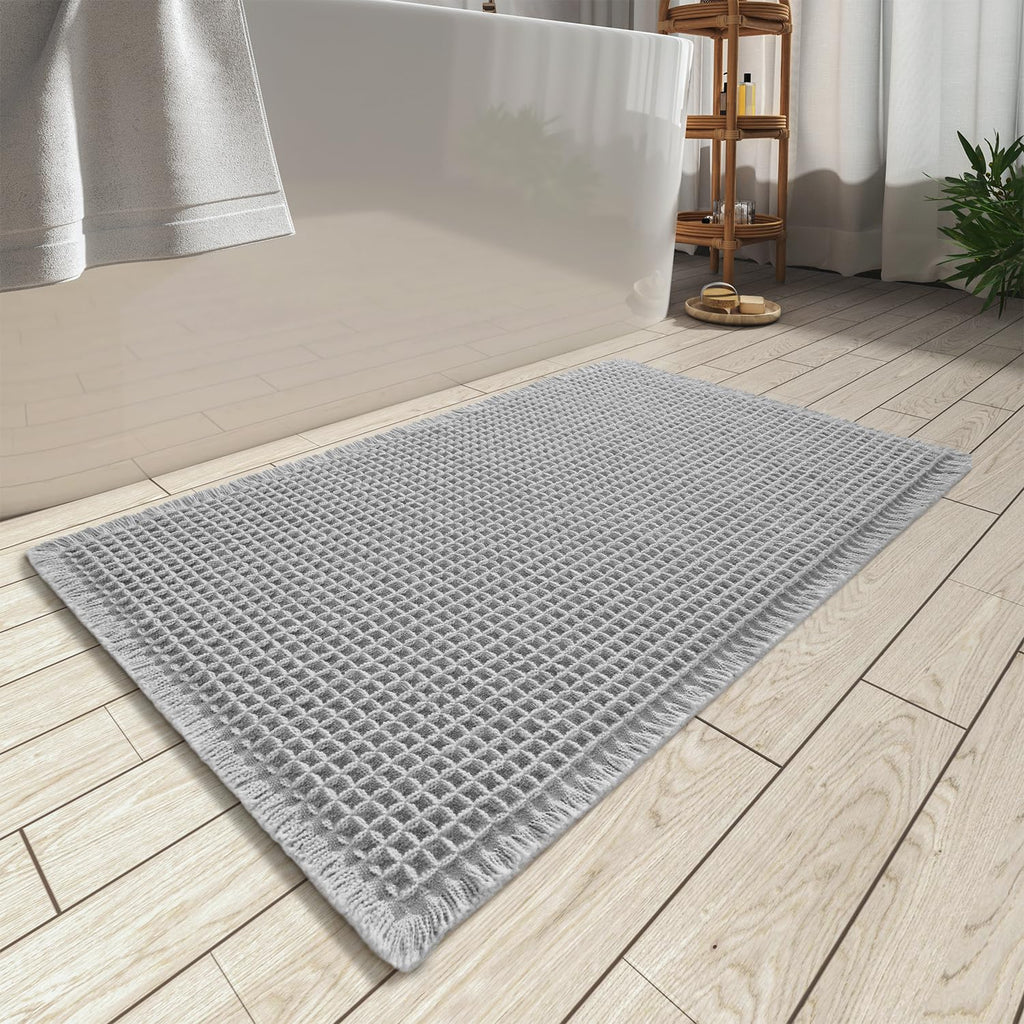 AMOAMI Upgraded Waffle Bath Mat, Super Absorbent Non Slip Bath Mats for Bathroom Floor, Machine Washable Bathroom Rugs with Tassels, Rubber Backed Bathroom Mats, Ultra Soft, 17" x 24", Brown