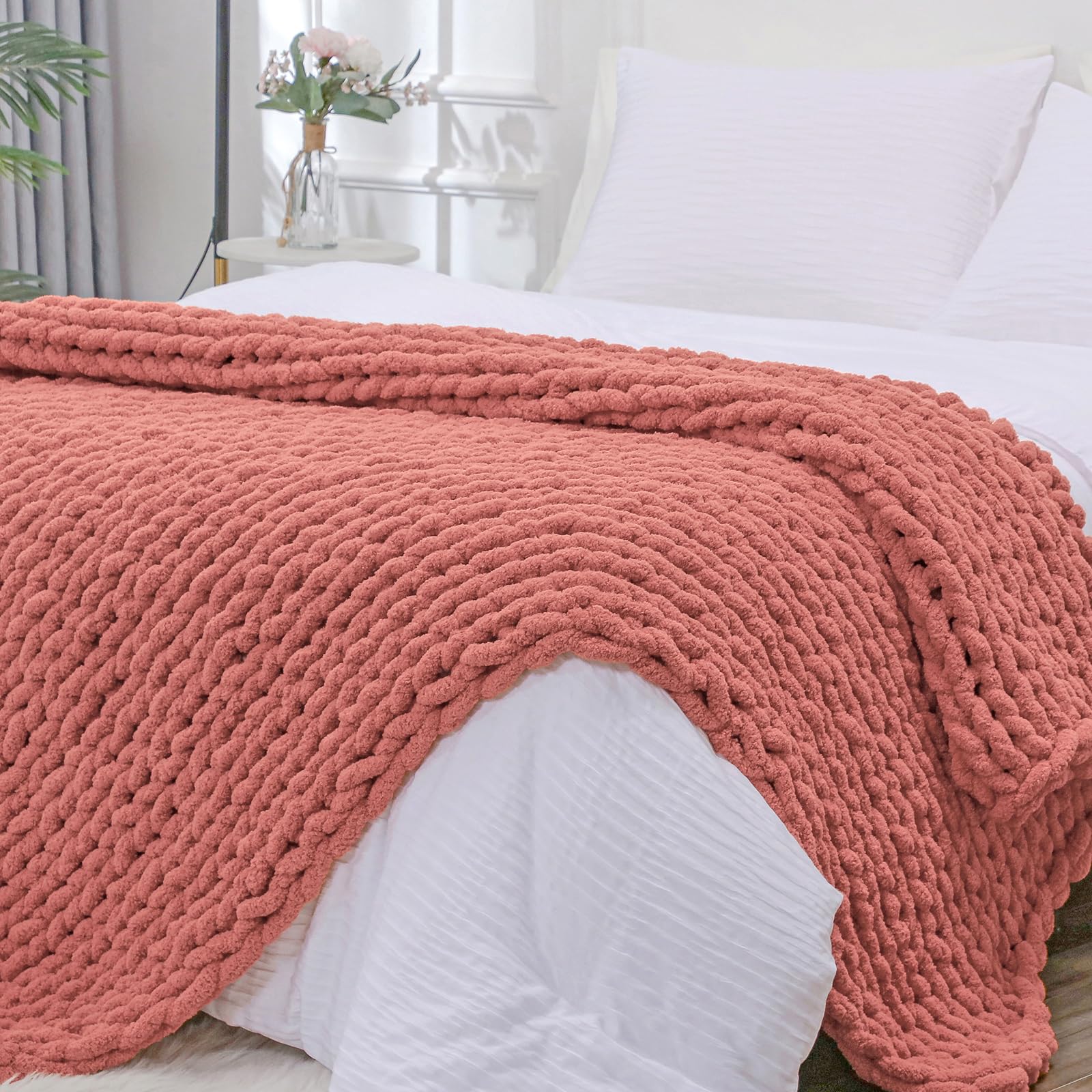 Bigacogo Chunky Knit Throw Blanket for Couch, 40x40 inches, 100% Hand Knitted with Thick Jumbo Chenille Yarn, Cozy Soft Large Rope Knot Cable Crochet Blankets for Sofa Bed Living Room, Dusty Blue