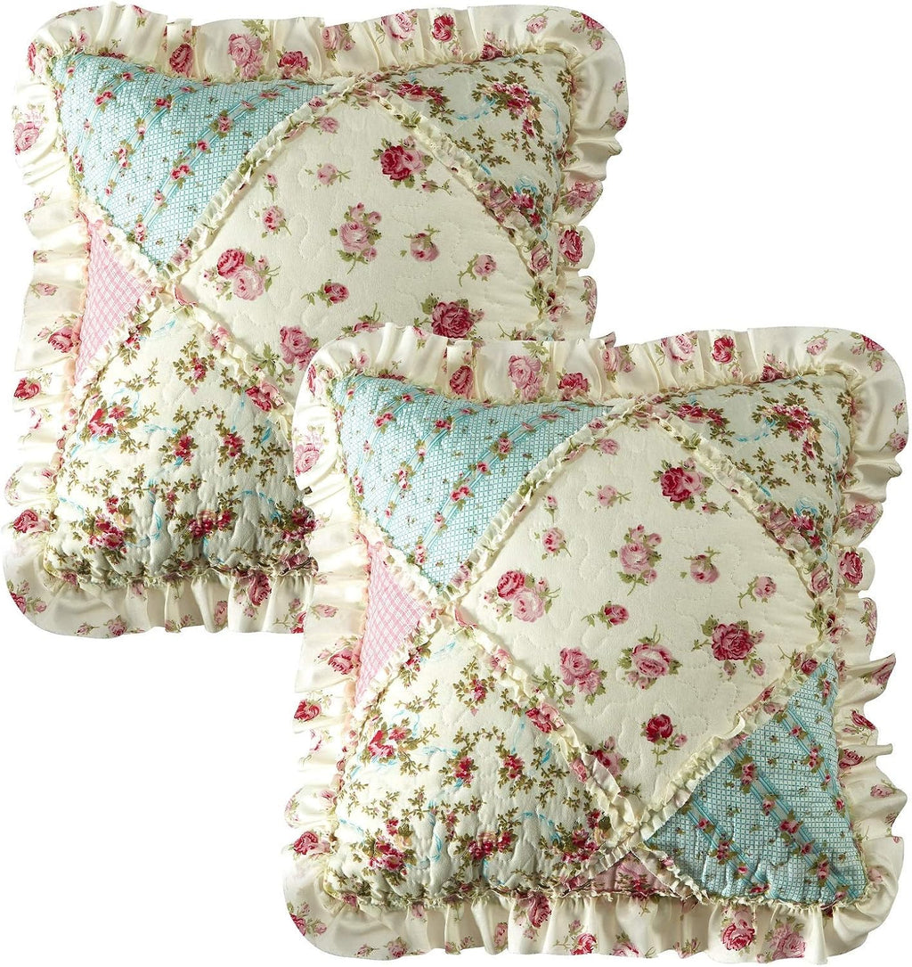 Brilliant Sunshine Pink and Green Rose Patchwork Ruffle Pillowshams, Quilted Decorative Pillow Covers Set, Square Throw Cushion Cases for Couch, Recliner, Armchair, Bed, 18x18, Pack of 2, Pink Green
