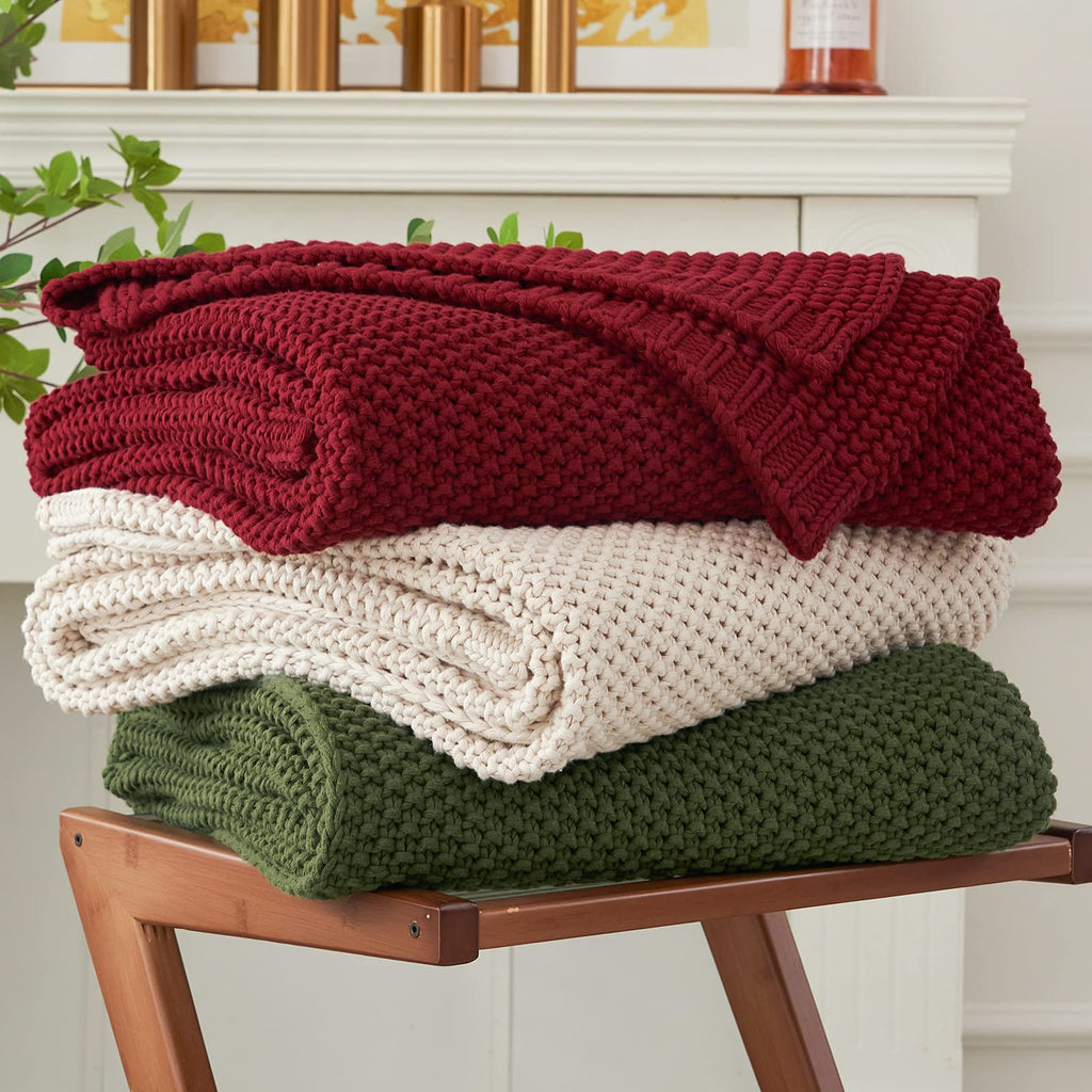 Longhui bedding Chunky Cable Knit Throw Blanket Lightweight Beige 100% Organic Cotton Blanket for Sofa Couch Bed Baby Nursery, Rustic Shabby Chic Modern Farmhouse, 51” x 63” Give Laundering Bag
