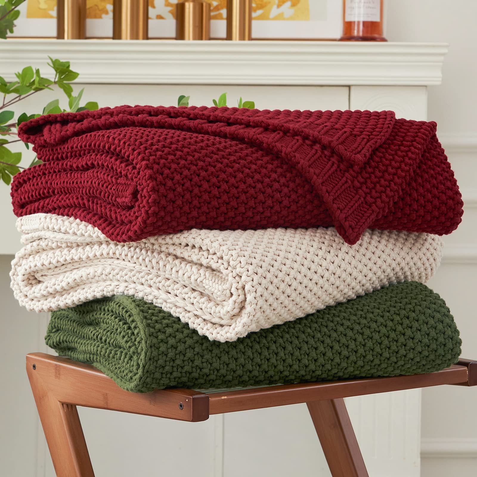 Longhui bedding Chunky Cable Knit Throw Blanket Lightweight Beige 100% Organic Cotton Blanket for Sofa Couch Bed Baby Nursery, Rustic Shabby Chic Modern Farmhouse, 51” x 63” Give Laundering Bag