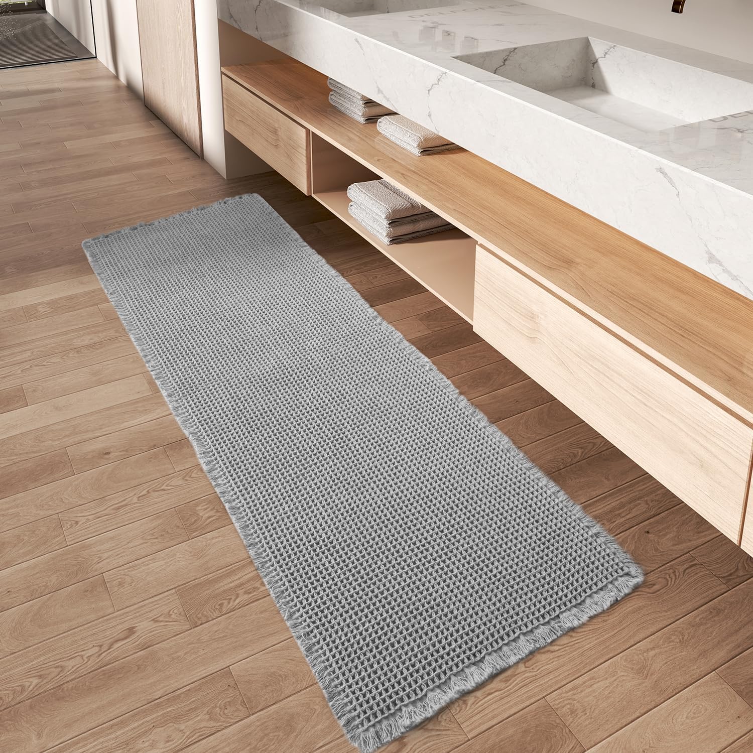 AMOAMI Upgraded Waffle Bath Mat, Super Absorbent Non Slip Bath Mats for Bathroom Floor, Machine Washable Bathroom Rugs with Tassels, Rubber Backed Bathroom Mats, Ultra Soft, 17" x 24", Brown
