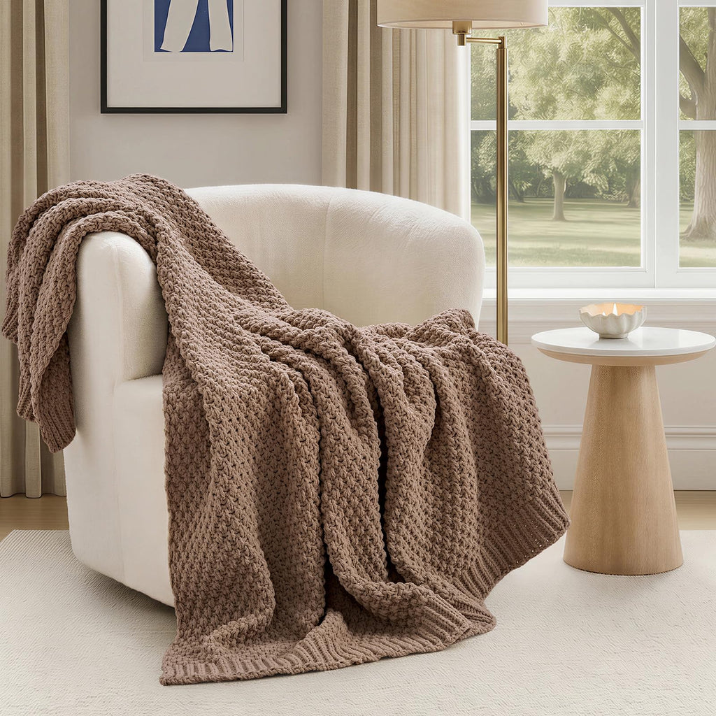 EVERGRACEHOME Chunky Chenille Knit Throw Blanket for Couch, Soft Luxurious Moss Stitch Blankets for Bed, Cozy Decorative Farmhouse Knitted Throws for Sofa, Sand Dune, 60" x 80"