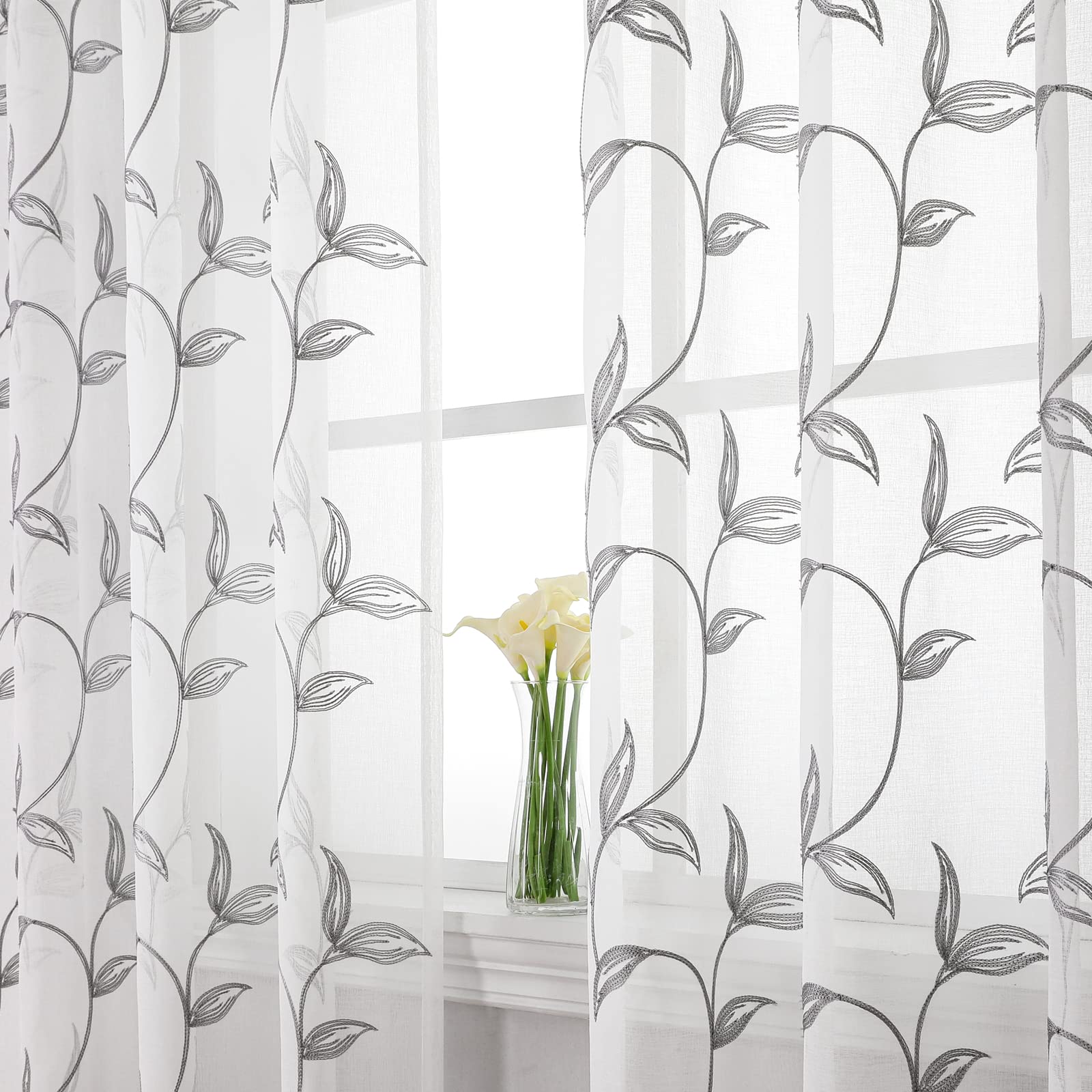 VISIONTEX 2 Panels Sheer Curtains 84 Inches Long, Cream Beige Floral Leaf Embroidered Semi Sheer Voile Curtains, Rod Pocket Light Filtering Window Drapes for Bedroom Living Room 54W x 84L