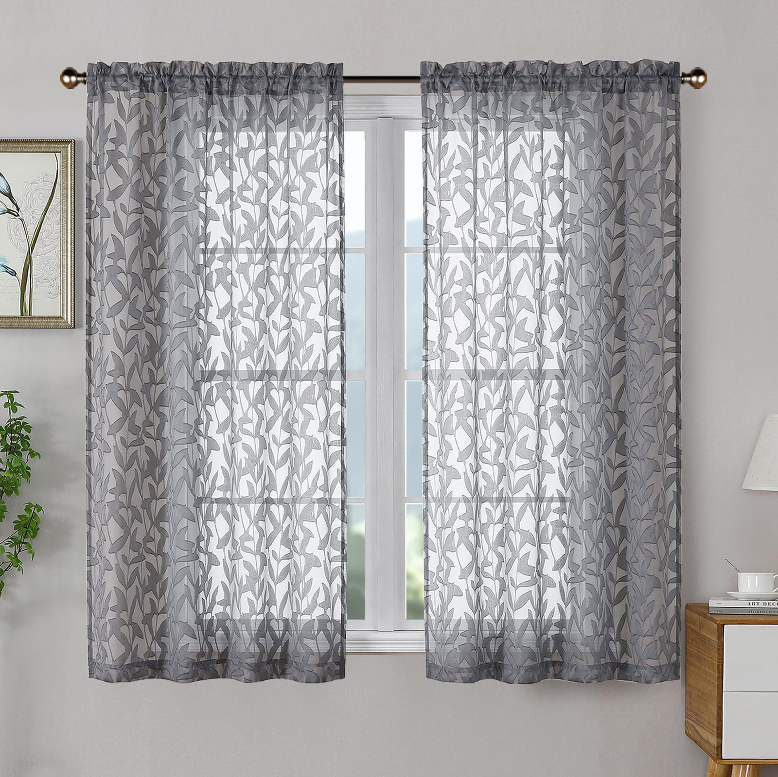 OWENIE Leyna 2 Panels Sage Green Sheer Curtains 63 Inch Length for Bedroom, Soft Lightweight Jacquard Clip Window Curtain for Living Room, Double Rod Pockets Textured Drapes, Each 40Wx63L Inches