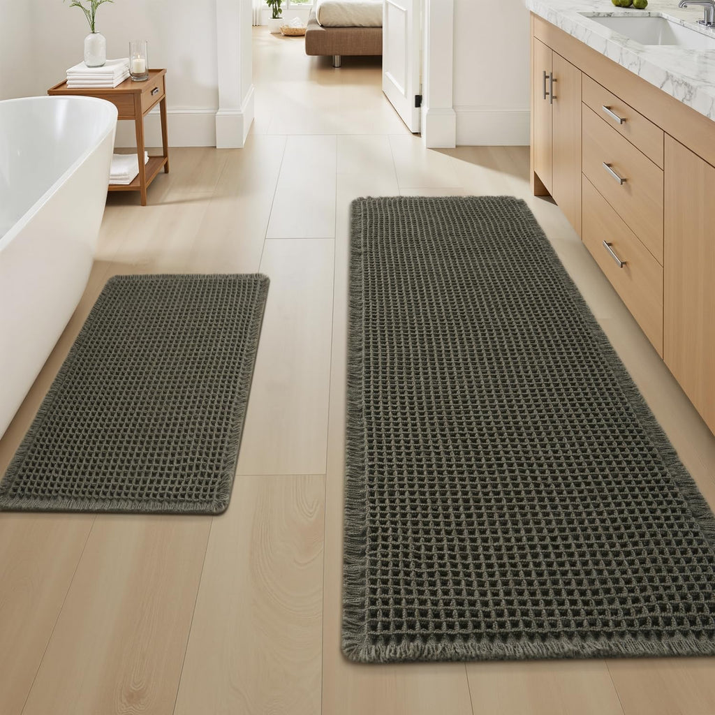 AMOAMI Upgraded Waffle Bath Mat, Super Absorbent Non Slip Bath Mats for Bathroom Floor, Machine Washable Bathroom Rugs with Tassels, Rubber Backed Bathroom Mats, Ultra Soft, 17" x 24", Brown