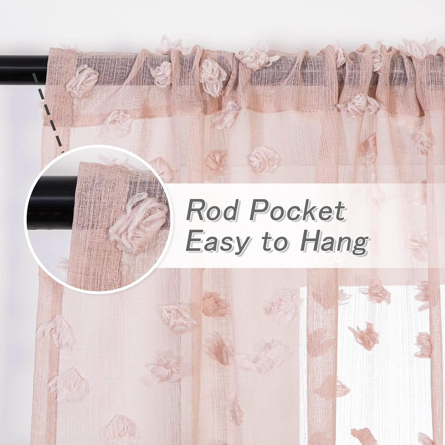 2 Panels 52"W x 84"L Dusty Rose Pom Pom Sheer Curtains Rod Pocket Light Filtering Boho Window Drapes for Girls Bedroom Nursery Kids Room
