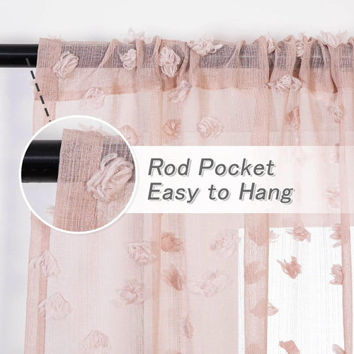 2 Panels 52"W x 84"L Dusty Rose Pom Pom Sheer Curtains Rod Pocket Light Filtering Boho Window Drapes for Girls Bedroom Nursery Kids Room