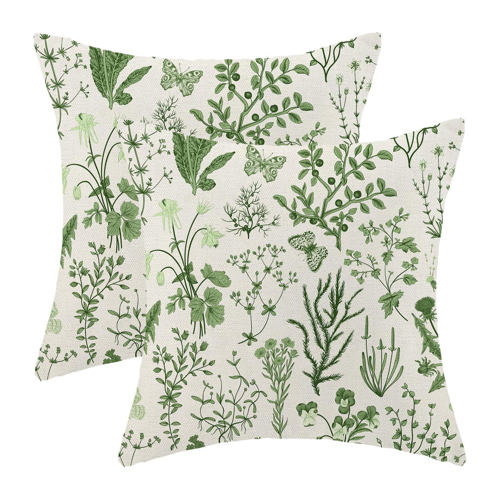 AEIOAE Spring Pillow Covers 18x18 Inch Set of 2,Sage Green Wild Flower Plant Throw Pillows Case,Seasonal Floral Outdoor Decorative Square Linen Farmhouse Decor Cushion Covers for Home Sofa Bed Couch