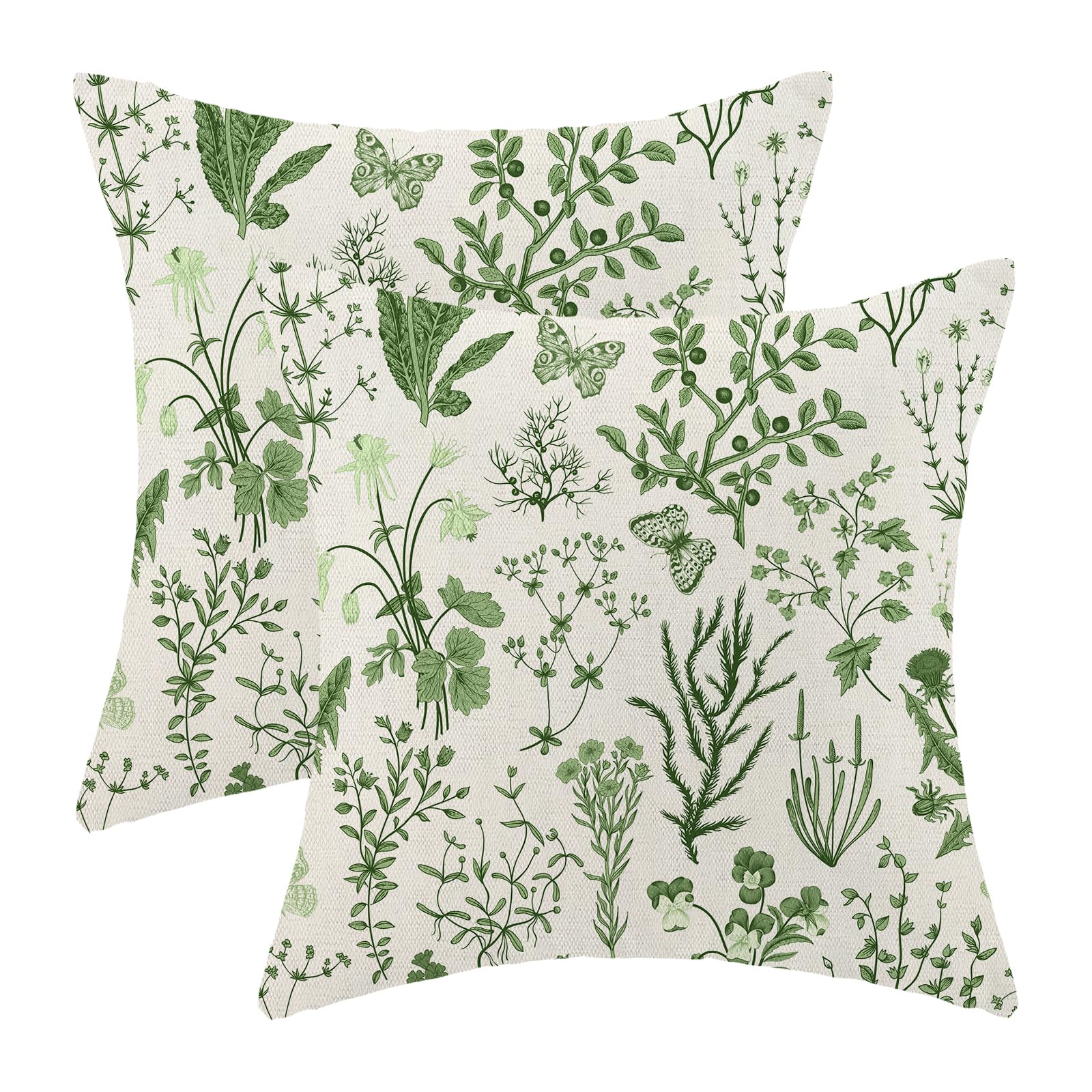 AEIOAE Spring Pillow Covers 18x18 Inch Set of 2,Sage Green Wild Flower Plant Throw Pillows Case,Seasonal Floral Outdoor Decorative Square Linen Farmhouse Decor Cushion Covers for Home Sofa Bed Couch