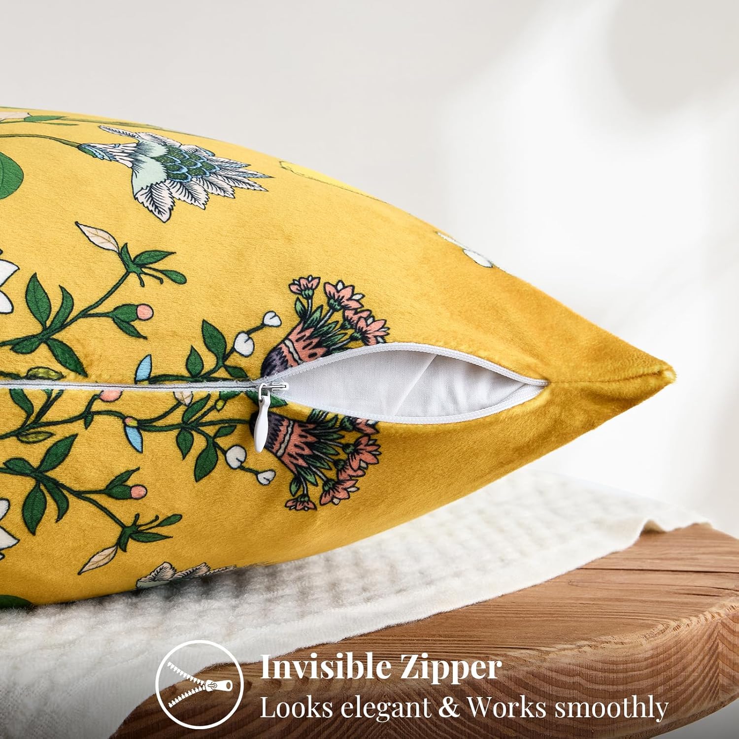 Mustard Yellow Floral Pillow Covers 18x18 Set of 2, Velvet Wild Flower Plant Throw Pillows Case, Square Farmhouse Decor Cushion Covers for Home Sofa Bed Couch